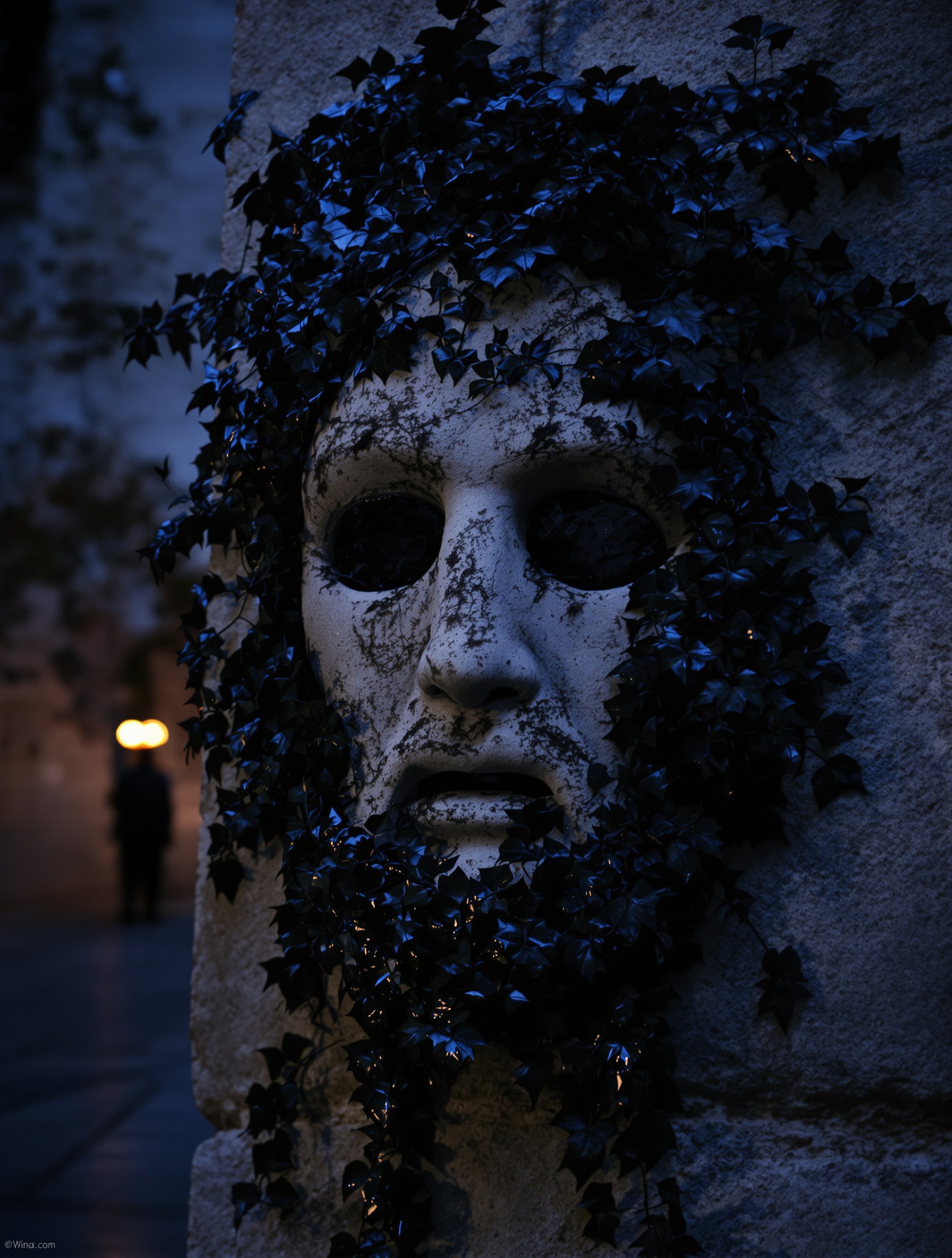 A stone Bacchus mask overgrown with ivy on a night-lit ancient wall, a distant figure turned away in the warm dark, evoking Triumph of Bacchus by Argos.