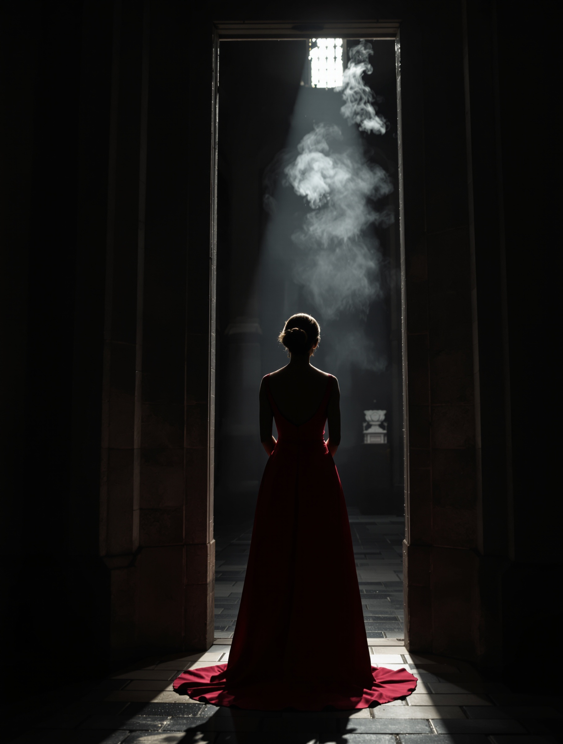 A woman seen from behind in a floor-length carmine dress standing in a cathedral doorway, frankincense smoke made visible by a shaft of cold light, channelling the ceremonial melancholy of Creed Carmina.