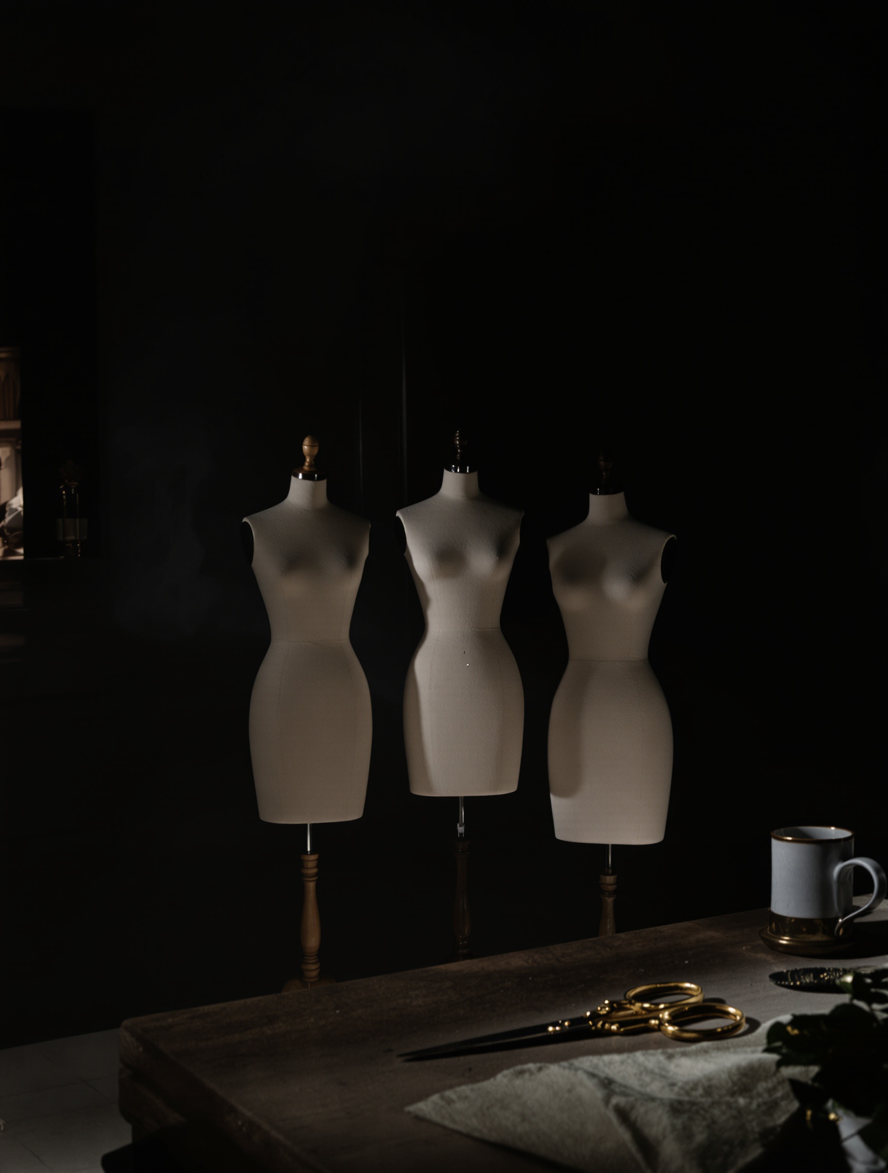 Three linen dress forms stand in a dim Paris atelier at dusk, a thread of incense smoke crossing a cold shaft of window light while gold scissors rest on a worktable below.