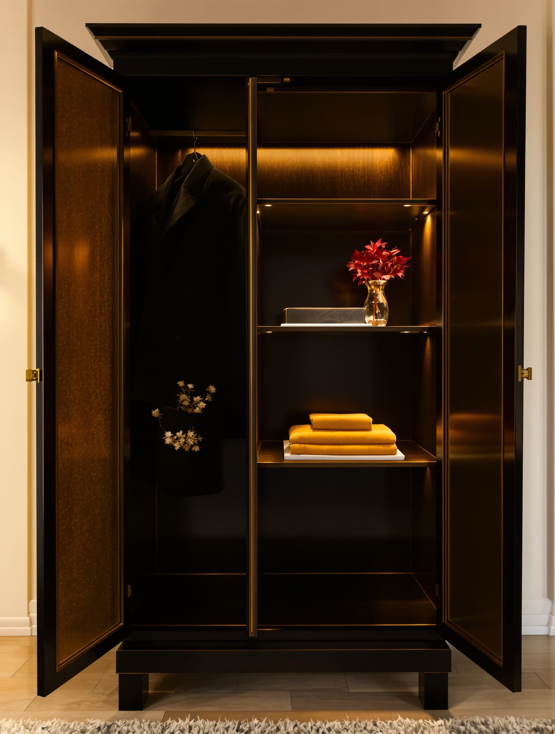 An open plain ebony lacquered armoire glowing from within, saffron silk folded on a dark shelf beside a hanging black wool coat, bathed in warm candlelight.