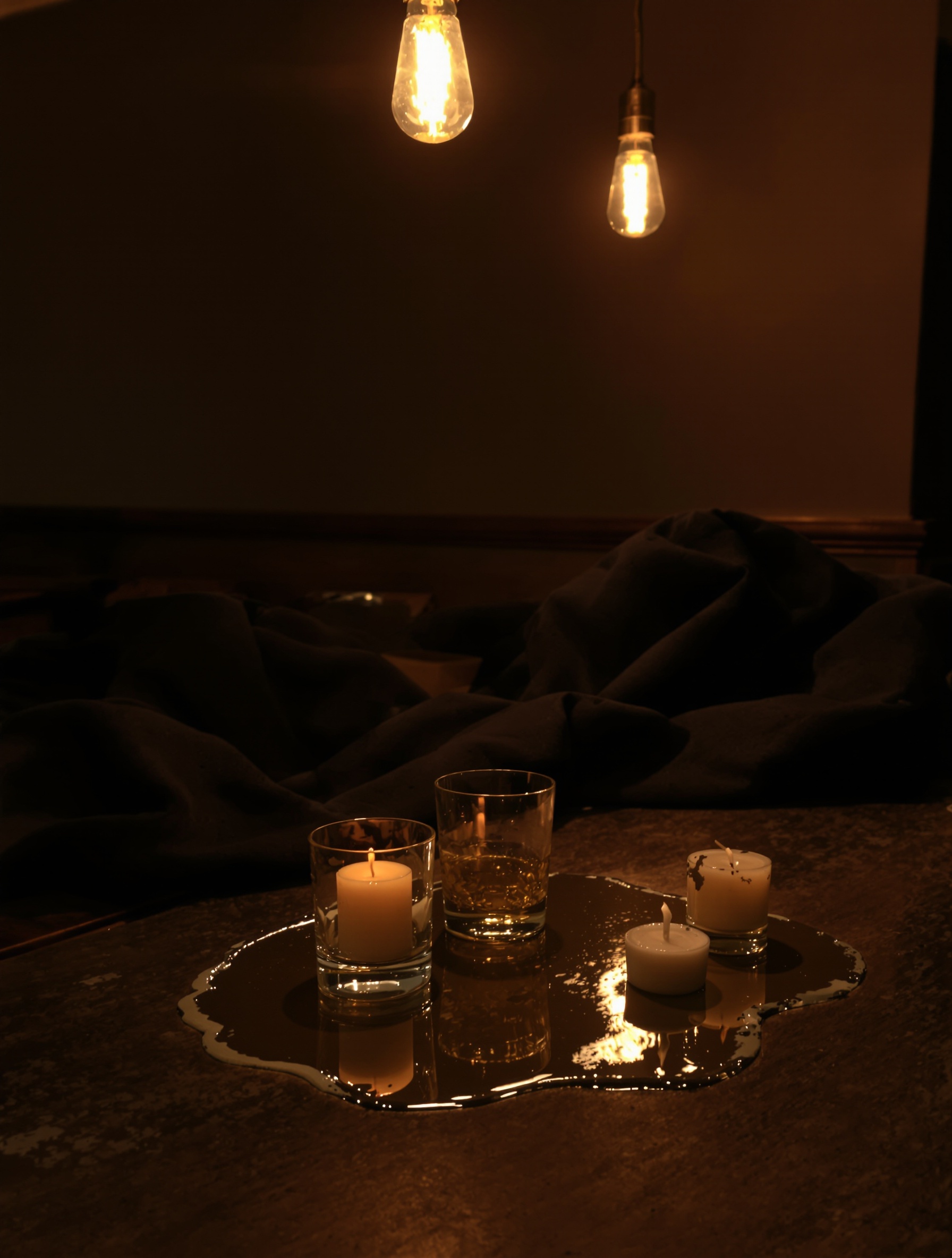 Baraonda by Nasomatto evoked through a deserted late-night bar counter, overcoat still draped on the stool, candles burnt to stubs in pooled amber light.