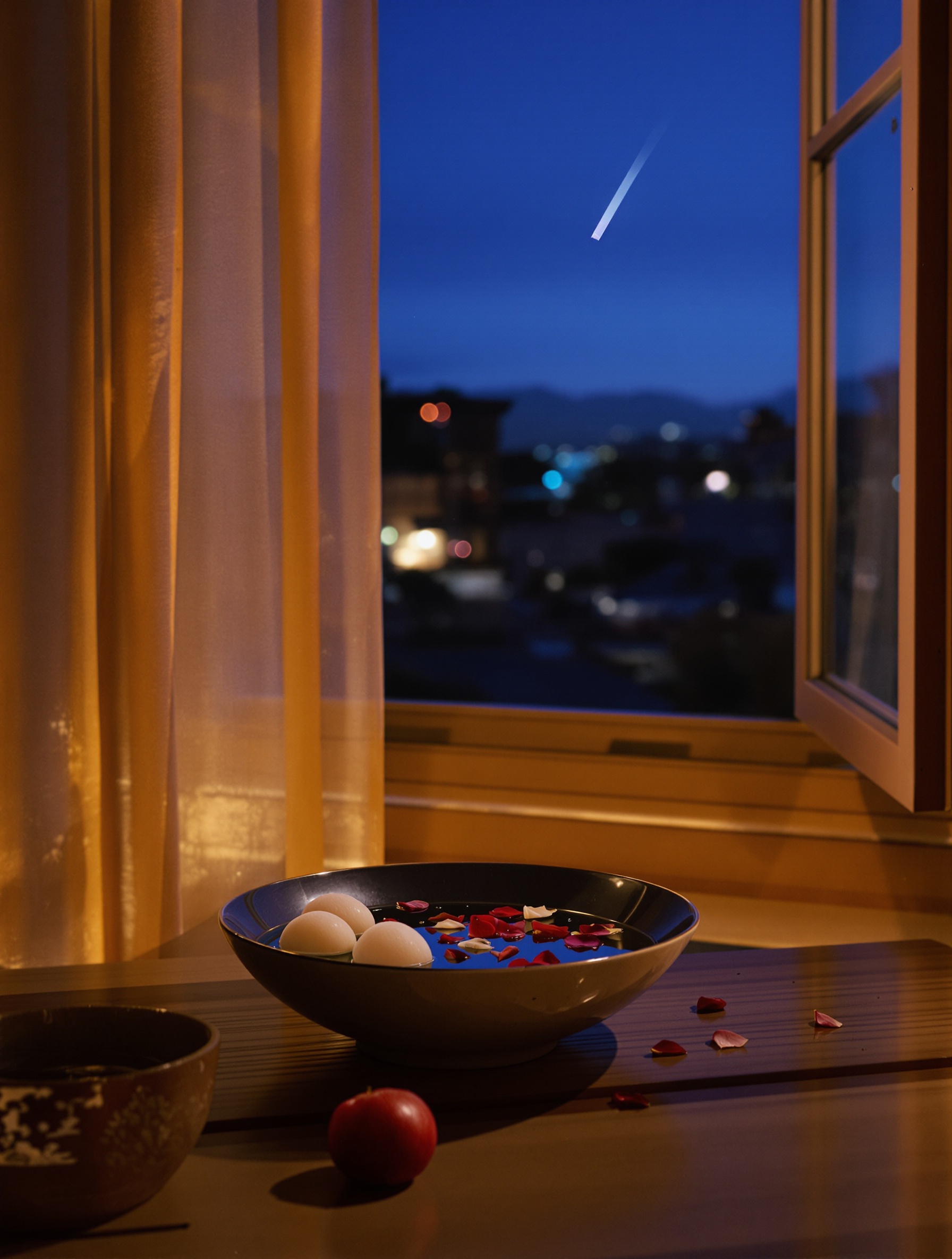 A late-night table with floating lychees and rose petals reflecting the last light of a meteor shower outside, the intimate closing note of Attrape Rêves.