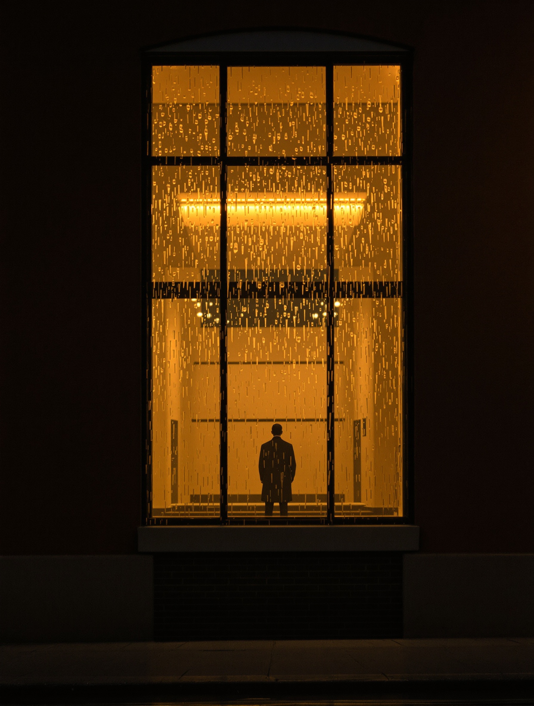 Baraonda's private interior dissolution rendered as a solitary silhouette behind rain-streaked glass, amber warmth against cold night.