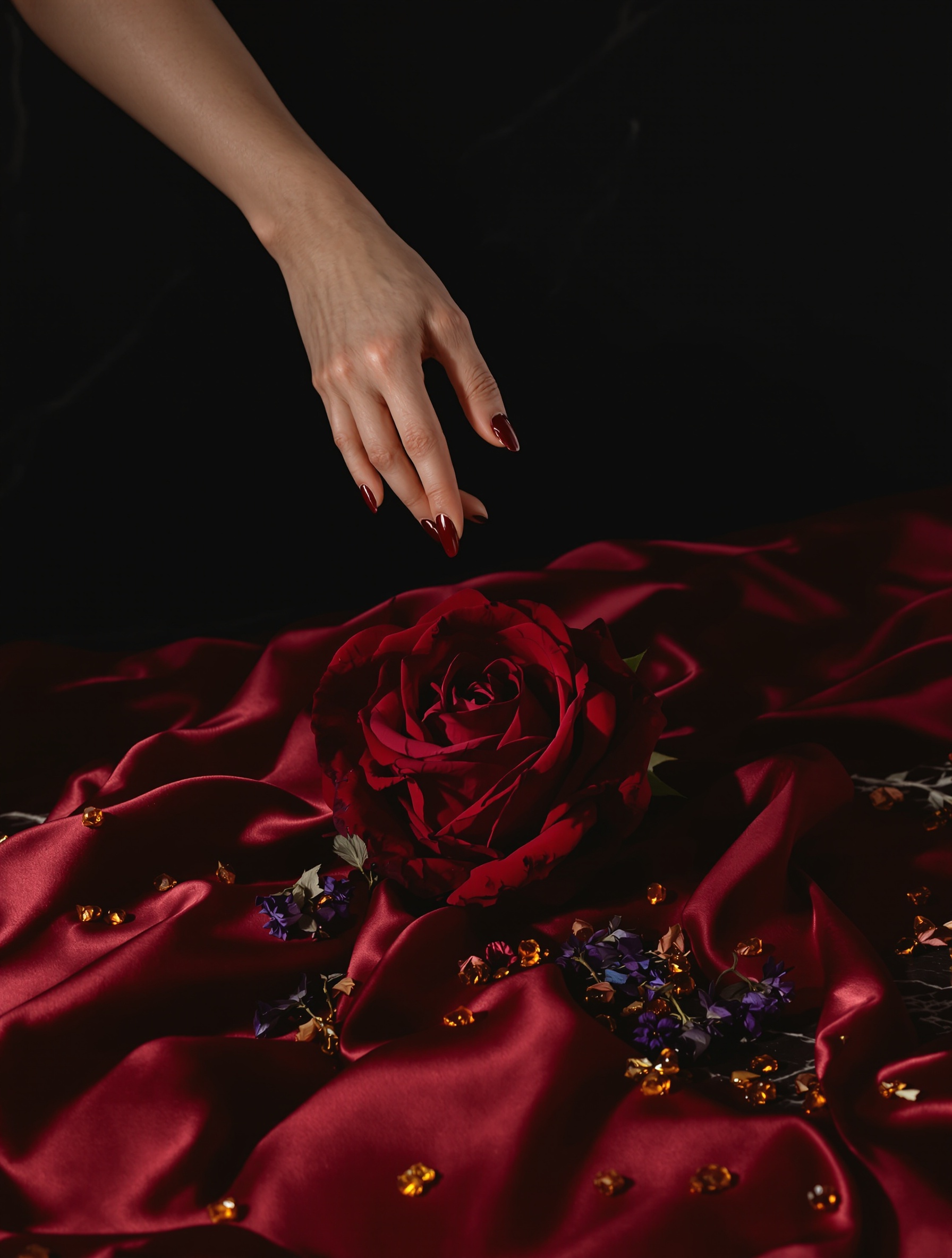 A lacquered hand reaches toward a fallen crimson rose surrounded by violet petals and amber sugar crystals on a pooled satin gown over dark marble.