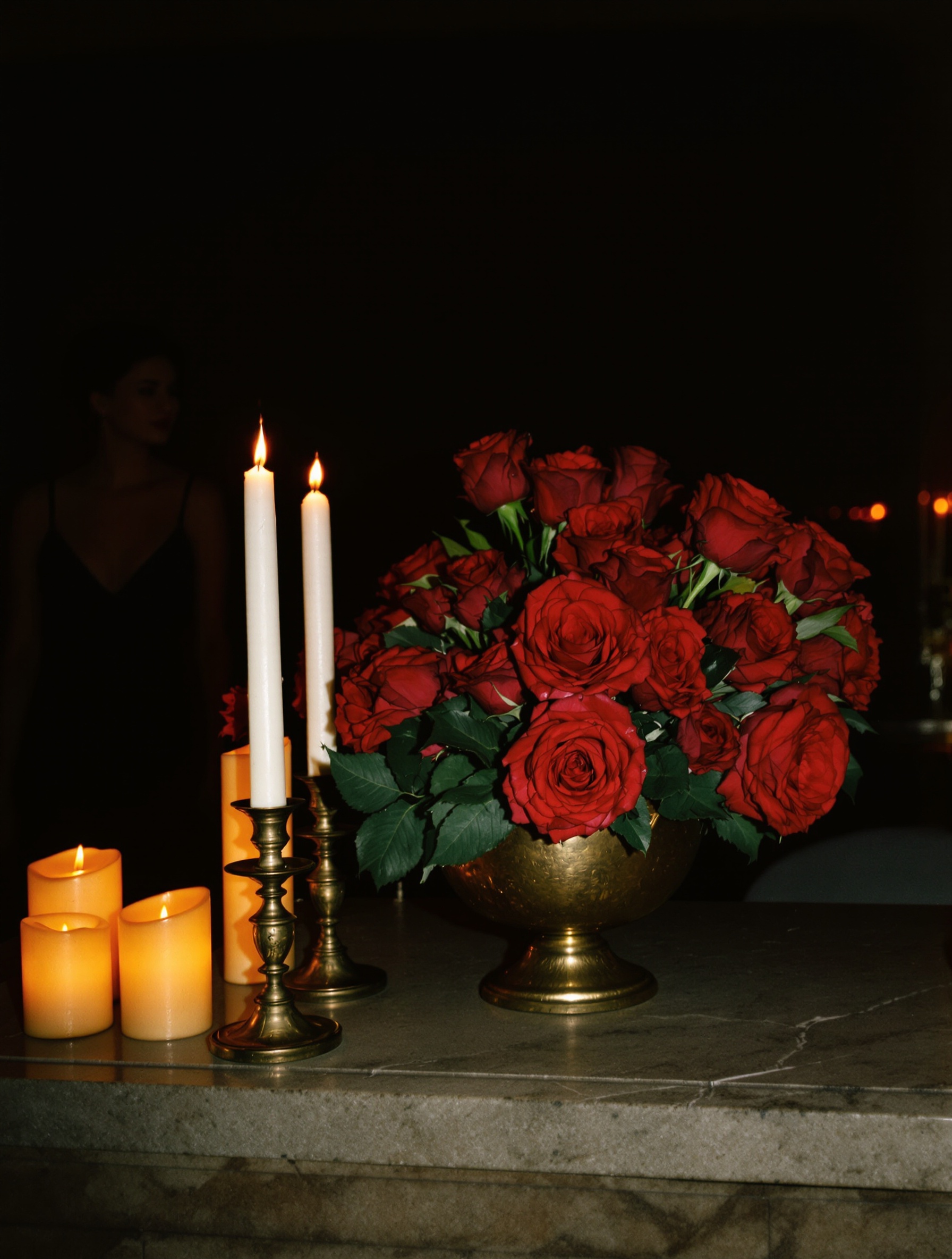 A grainy candlelit room where wilting crimson roses and a softly blurred woman in black evoke opulent, unapologetic desire.