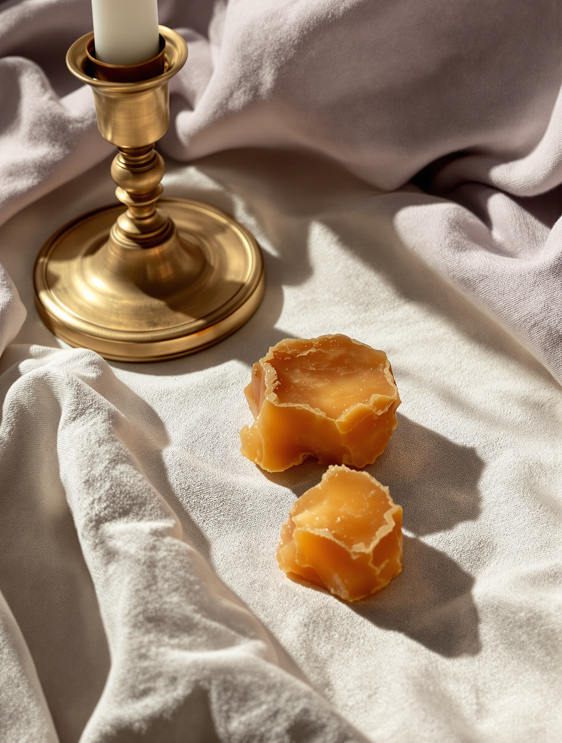 Rough raw benzoin chunks with amber interiors resting casually on worn linen beside a tarnished brass candlestick in warm afternoon light.
