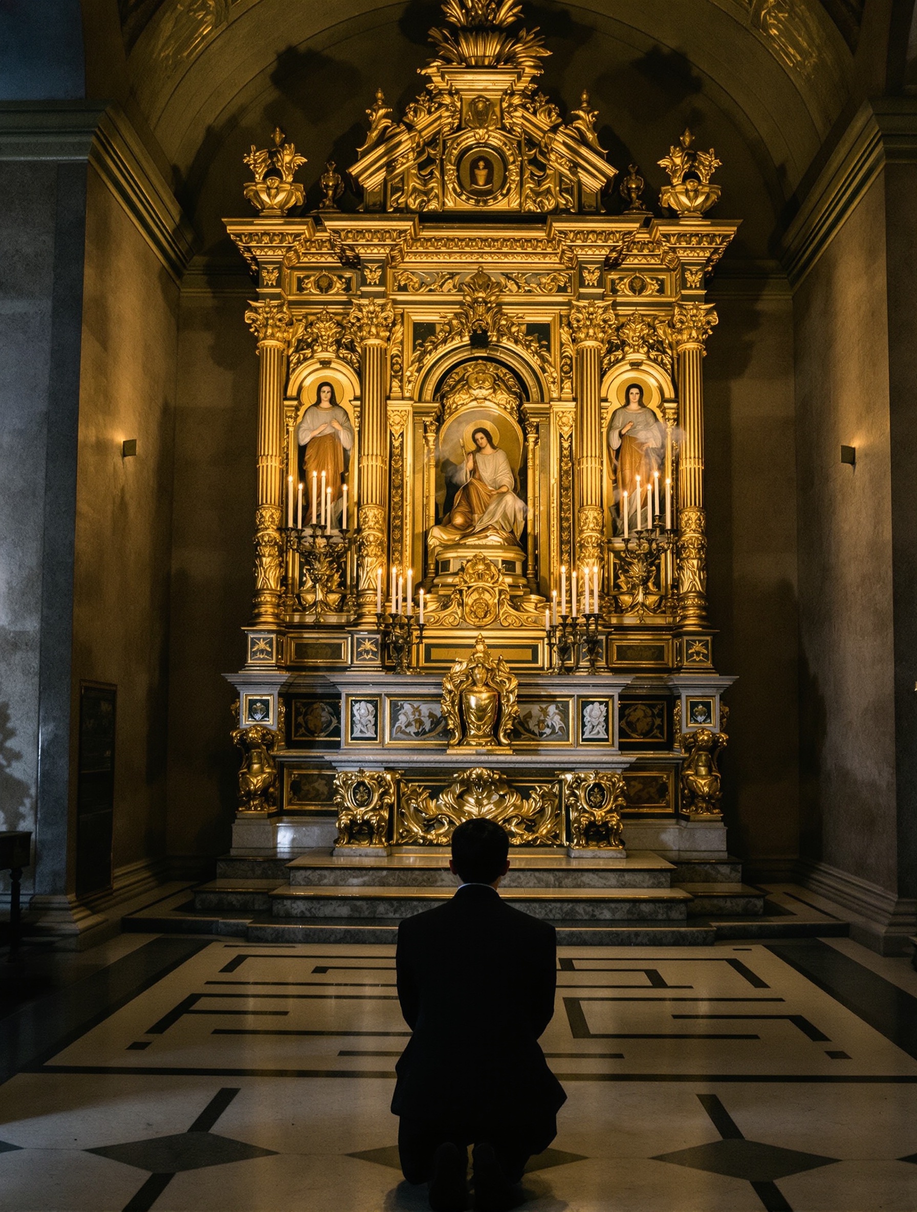 A solitary kneeling figure seen from behind faces a candlelit baroque altarpiece in a cramped Italian chapel, incense smoke drifting through imperfect gilded carvings.