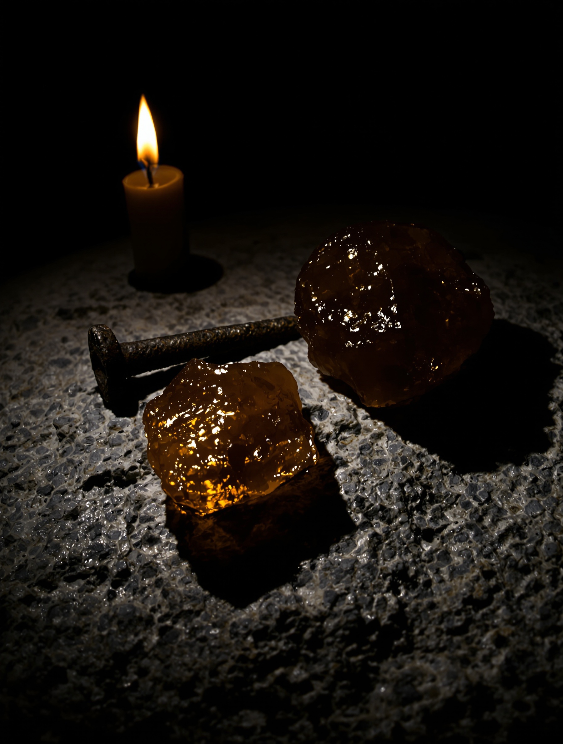 An iron nail and amber resin fragments rest on cold limestone lit by a single candle, evoking centuries of sacred ritual and incense-saturated darkness.