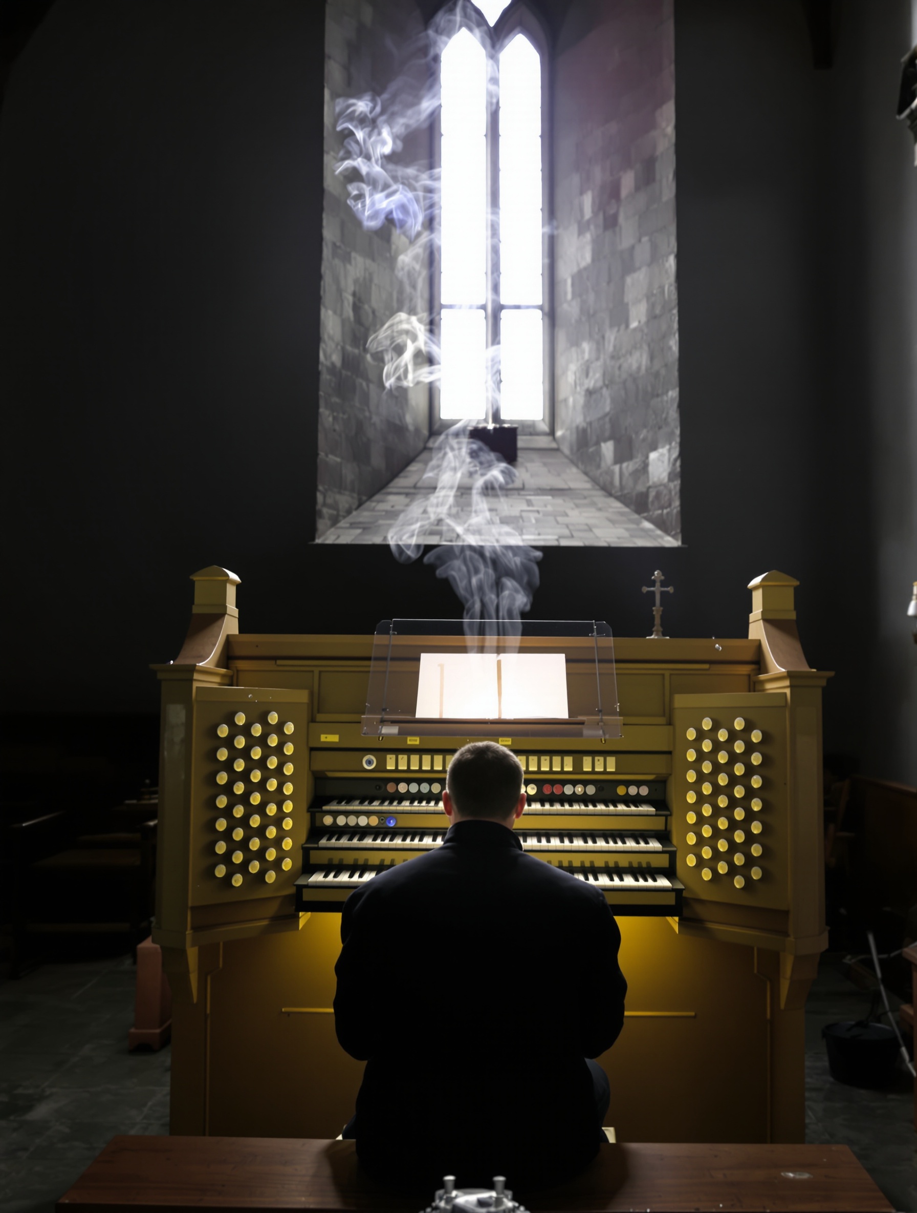A solitary organist from behind, hands resting on worn ivory keys, incense smoke lingering in the cold church air, a cinematic still for Reliqvia.