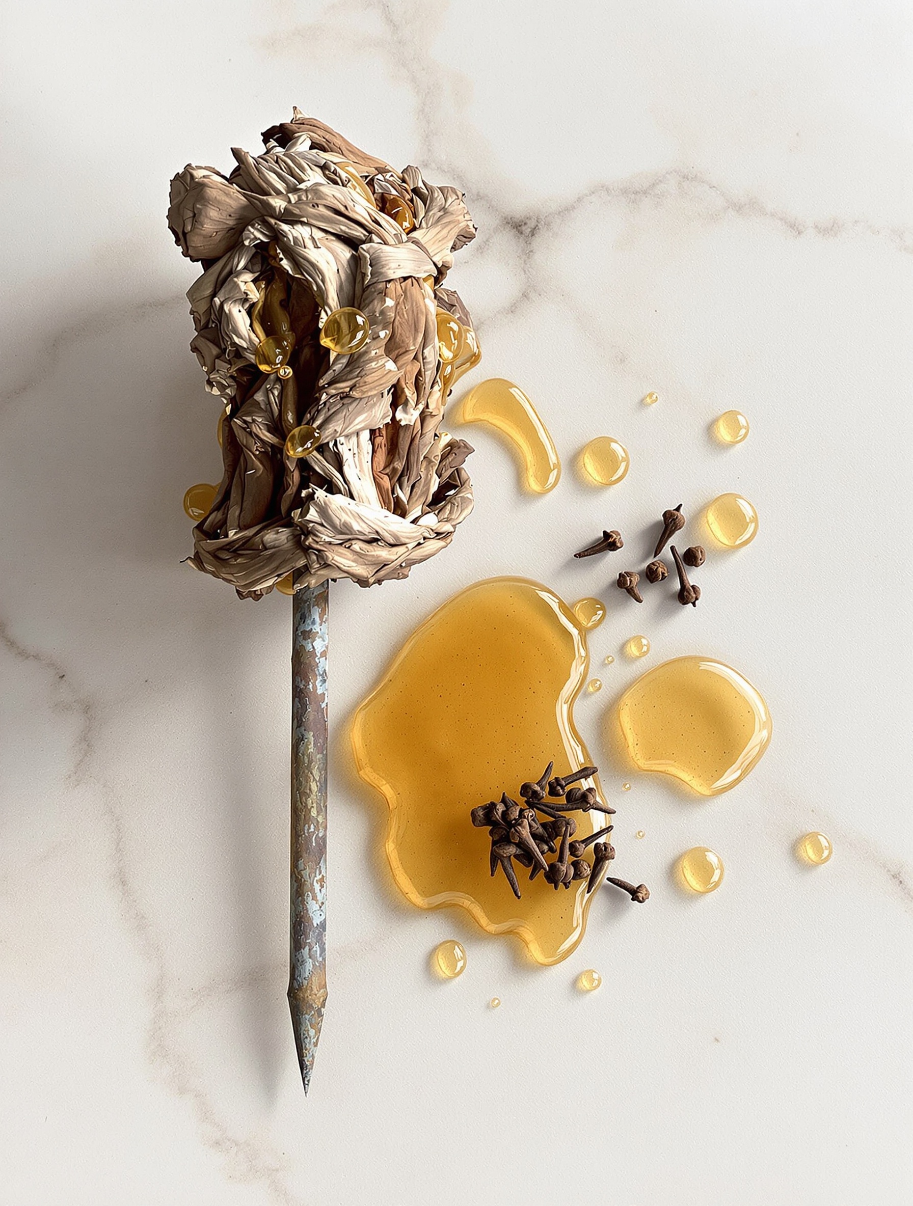 Pine resin, a rusted iron nail, and dried cloves resting on cold pale stone, a material still life evoking the sacred and the archaic for Reliqvia.