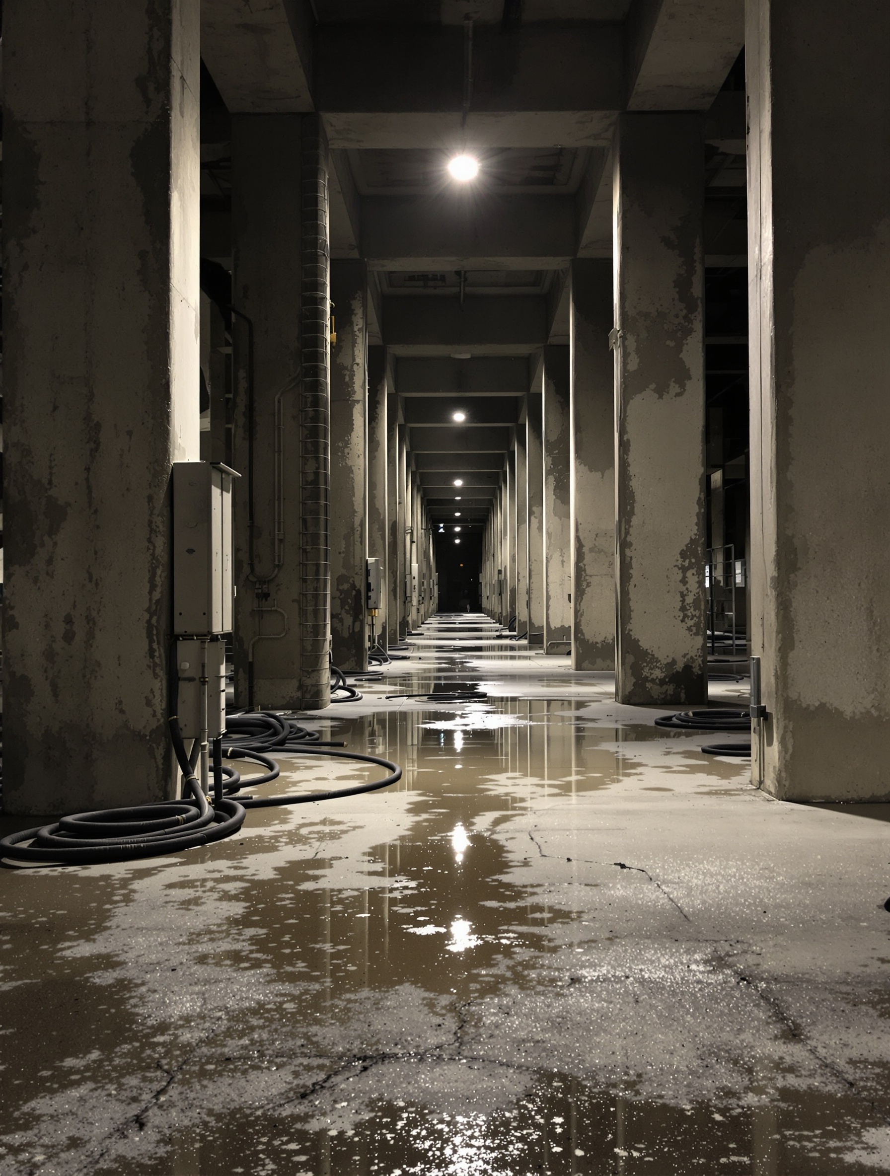 A vast cold concrete industrial corridor at night, damp floor reflecting a single distant overhead light between raw columns wrapped in shadow.