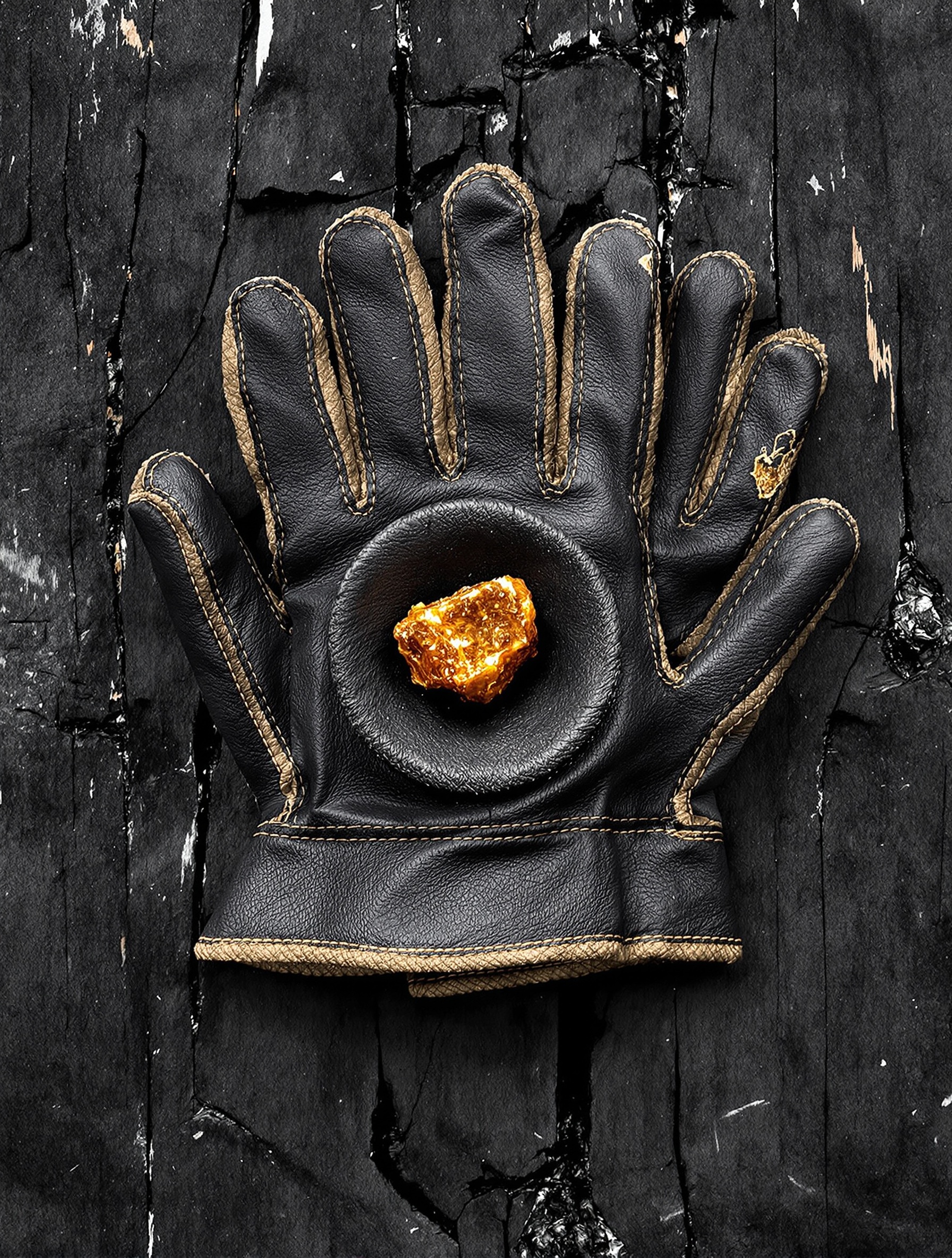 Gasoline-soaked work gloves on burnt wood with a single myrrh bead in the palm, a forensic still life for The Void by The Antagonist.
