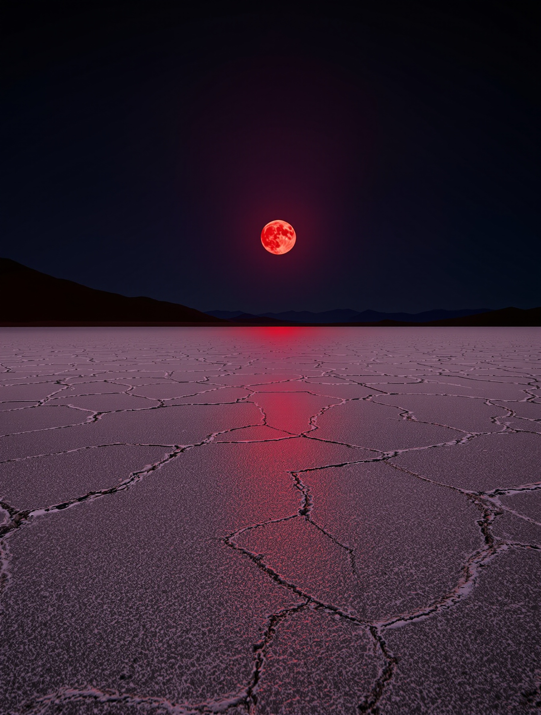 A blood-red full moon rises just above the horizon over a vast cracked salt flat, its crimson light staining the fractured earth in shades of rust and bruised violet.