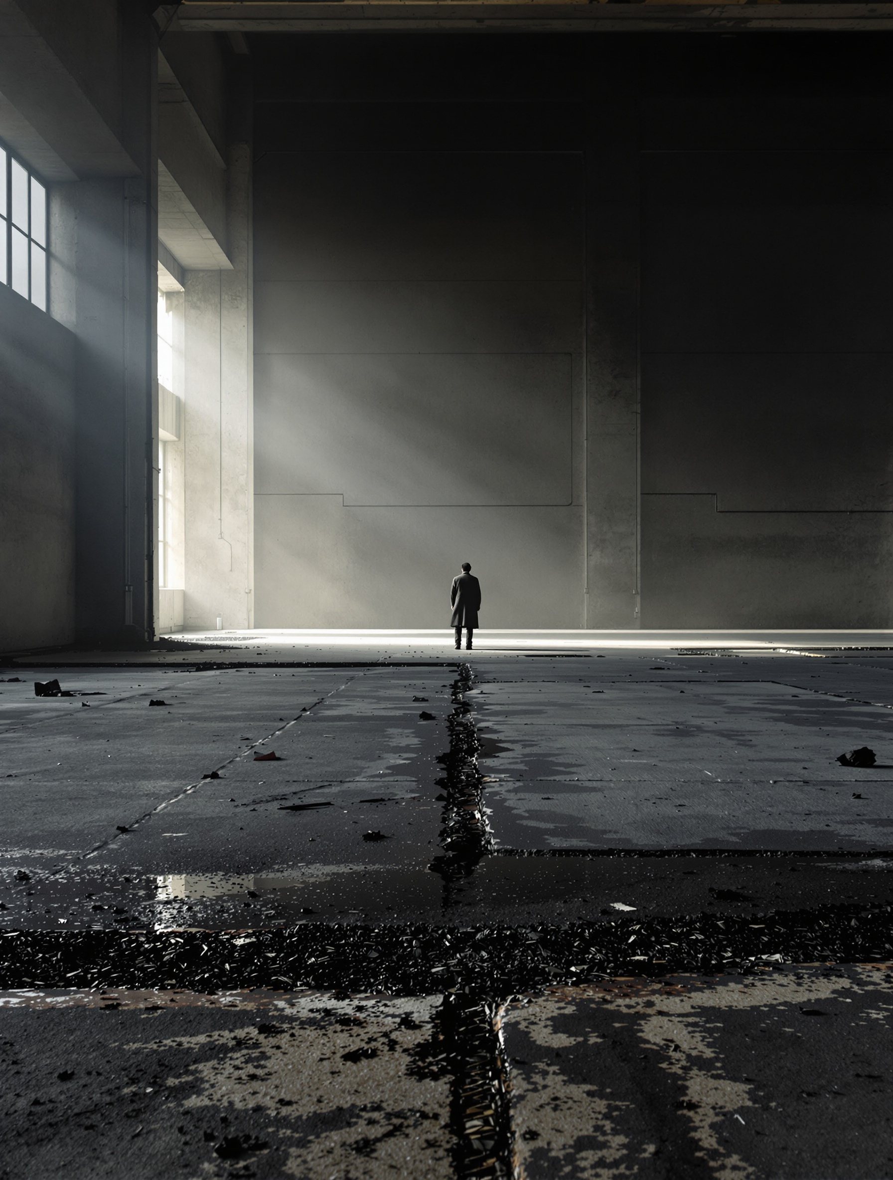 A solitary dark-coated figure stands in the far middle distance of a vast gutted warehouse, surrounded by ash-covered concrete and a rust-red residue bleeding along a floor seam in cold pre-dawn industrial light.