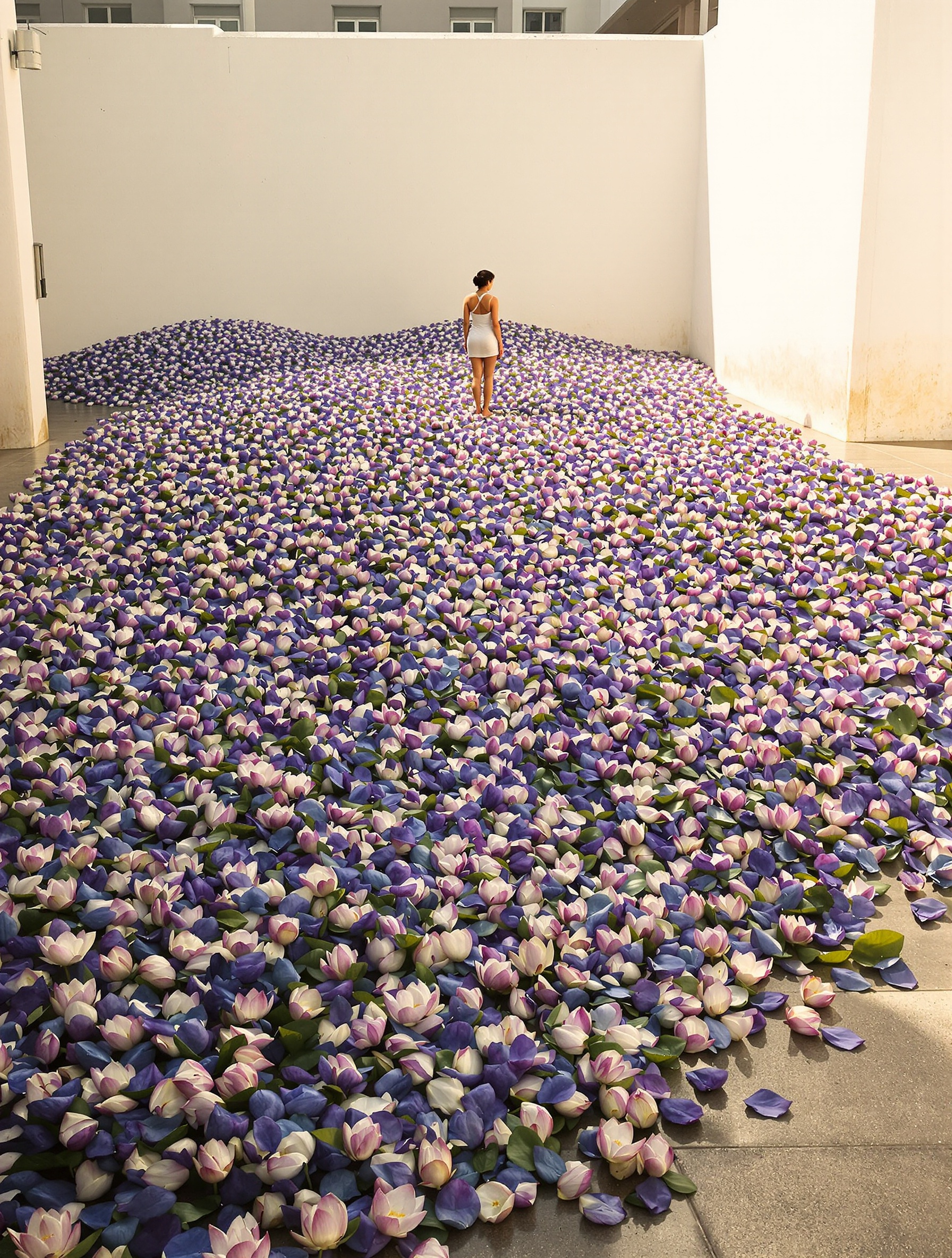 Cinematic film-still of massed blue lotus harvest in a Thai courtyard at first light, evoking the staggering botanical scarcity at the heart of Blue Kalbar.