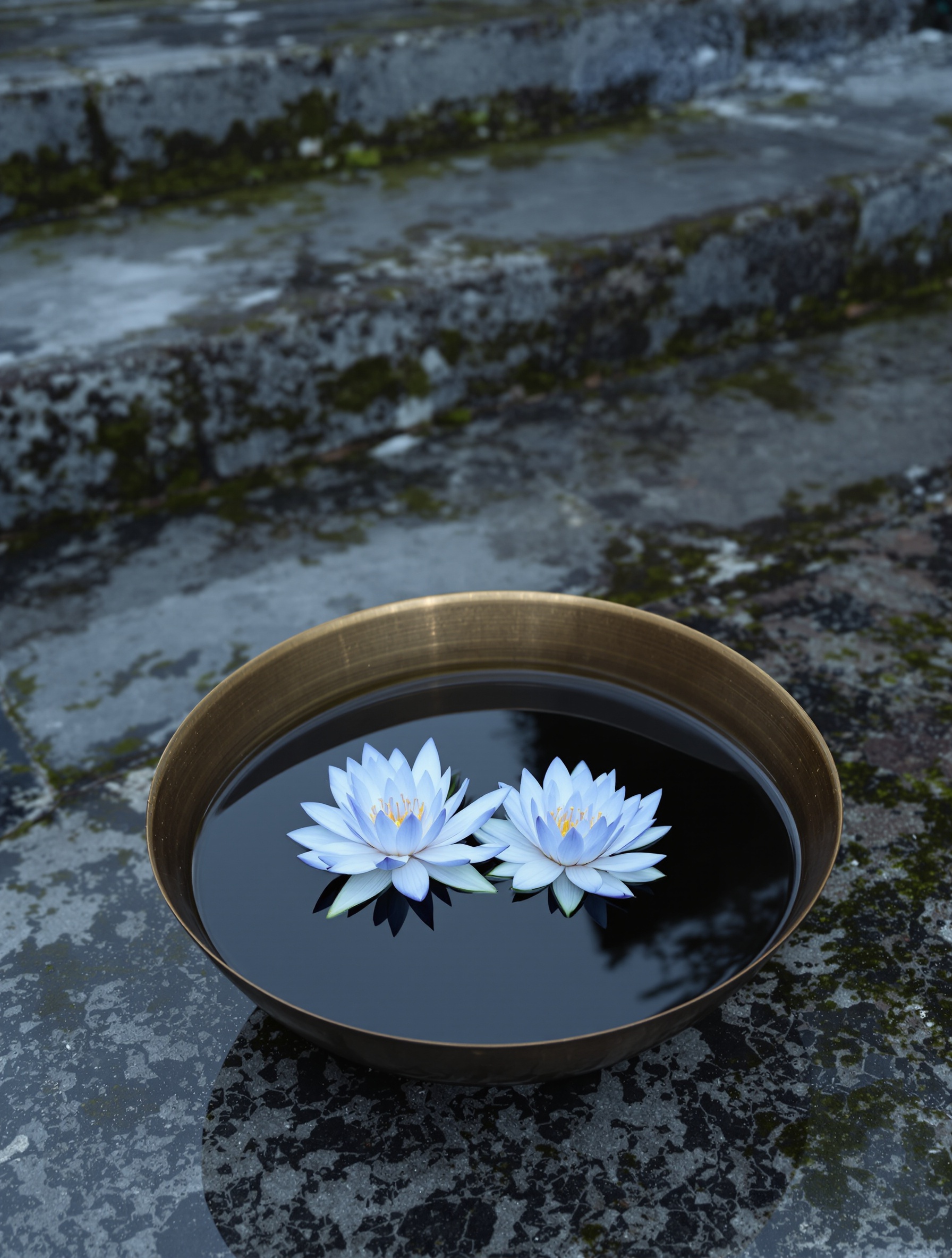 A brass offering bowl holding two real blue water lily blossoms on dark water, resting on moss-worn stone temple steps in dim dusk light.