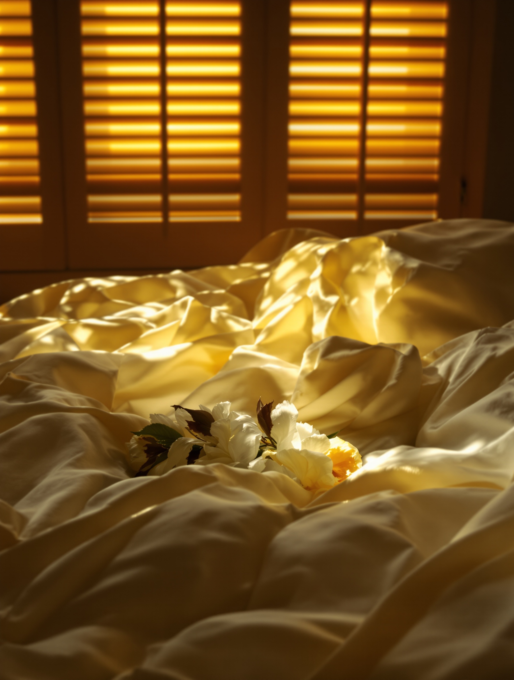 An unmade bed in a shuttered amber room, a crushed tuberose browning in the linen, for Narcotic V by Nasomatto.