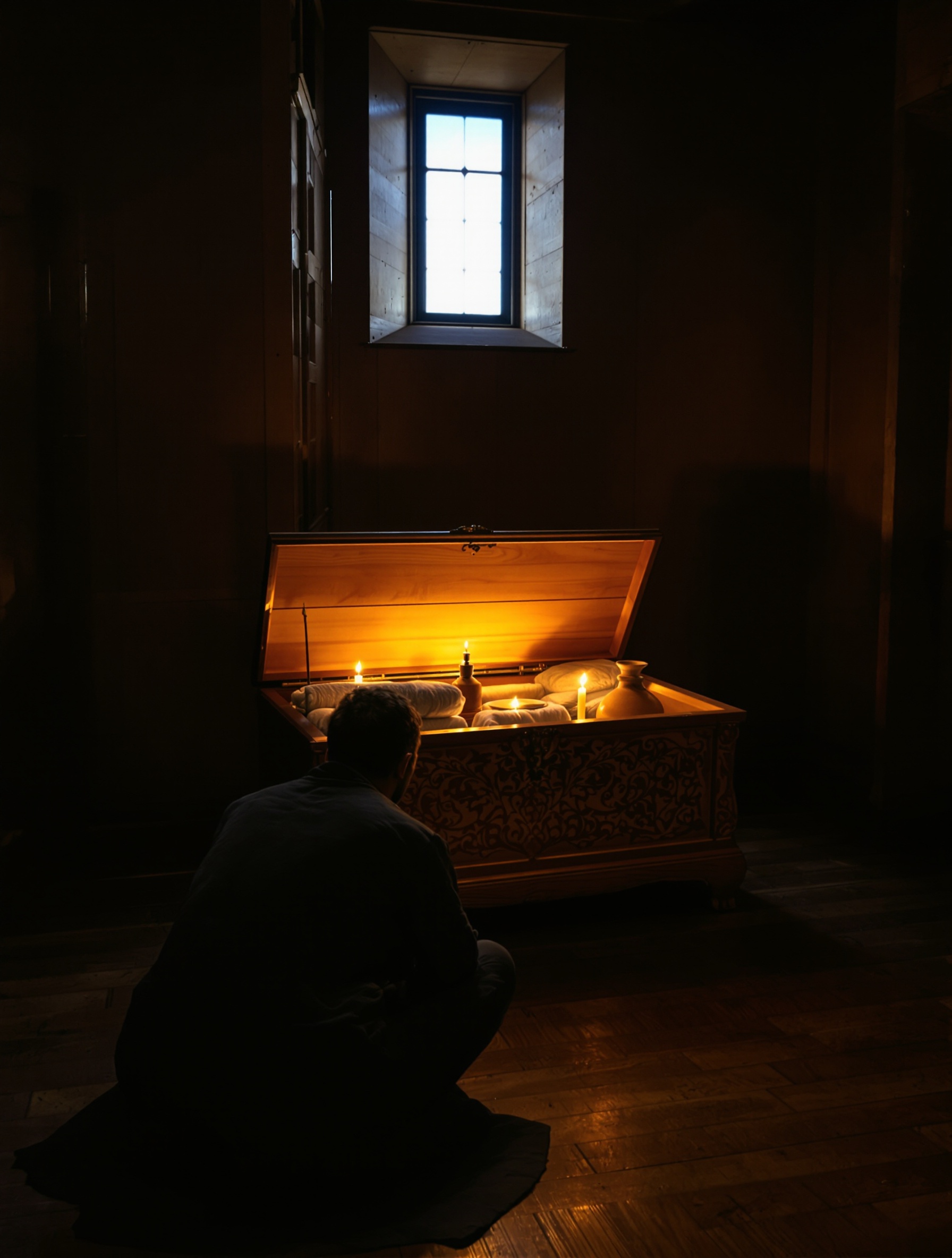 Cinematic shot of a solitary figure opening an ancient cedar chest in a candlelit room, evoking the sultan's hoard at the soul of Blue Kalbar.