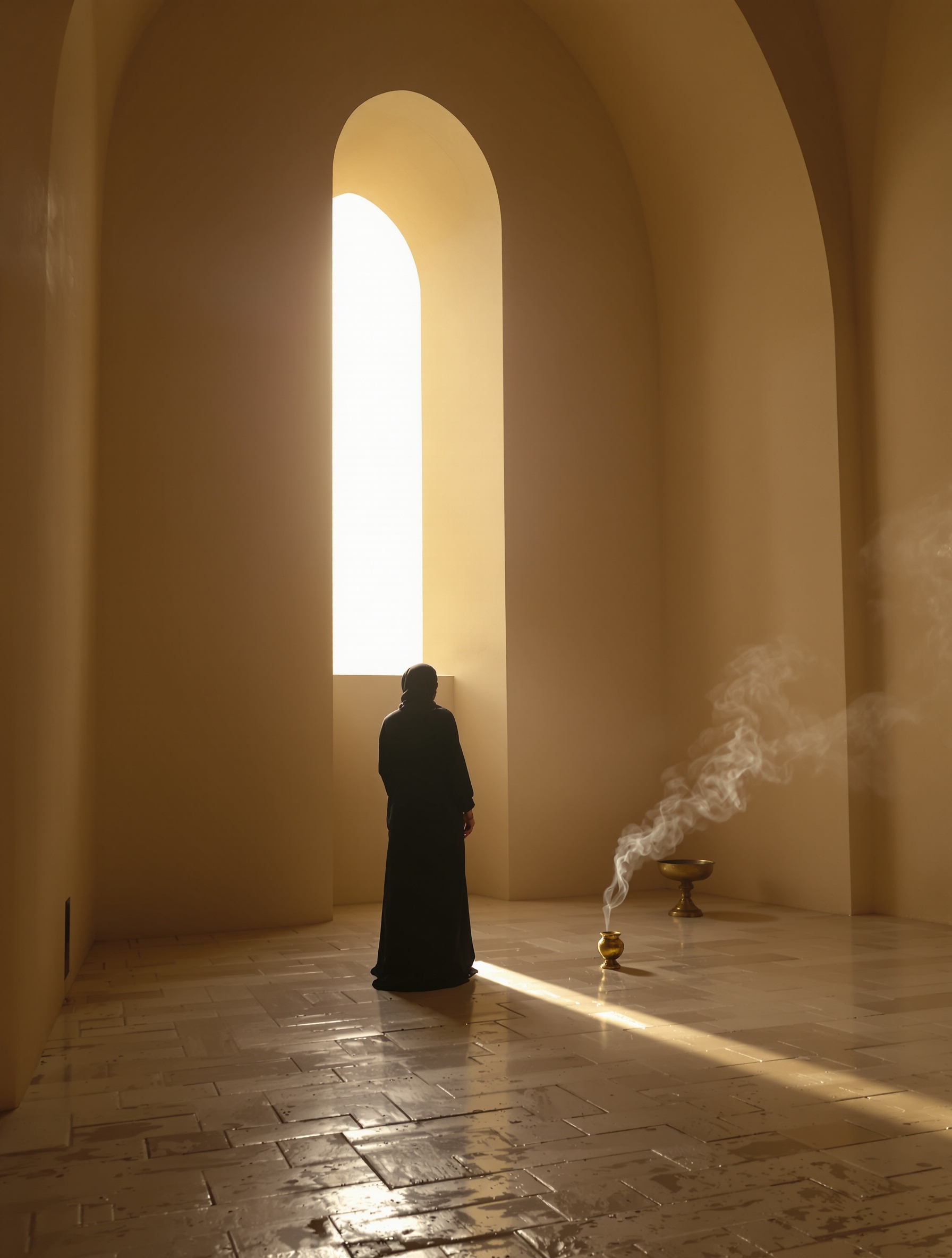 A woman standing in a smoke-filled stone room at dawn, evoking the sacred incense-and-rose ceremony at the heart of Guidance 46 by Amouage.