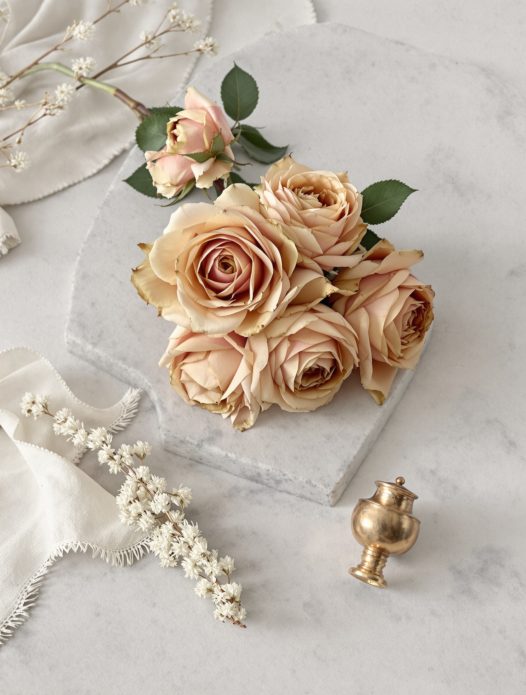 Overblown antique roses browning at the petal edges on pale stone beside a brass censer, the threshold between bloom and fermentation that defines Guidance 46.