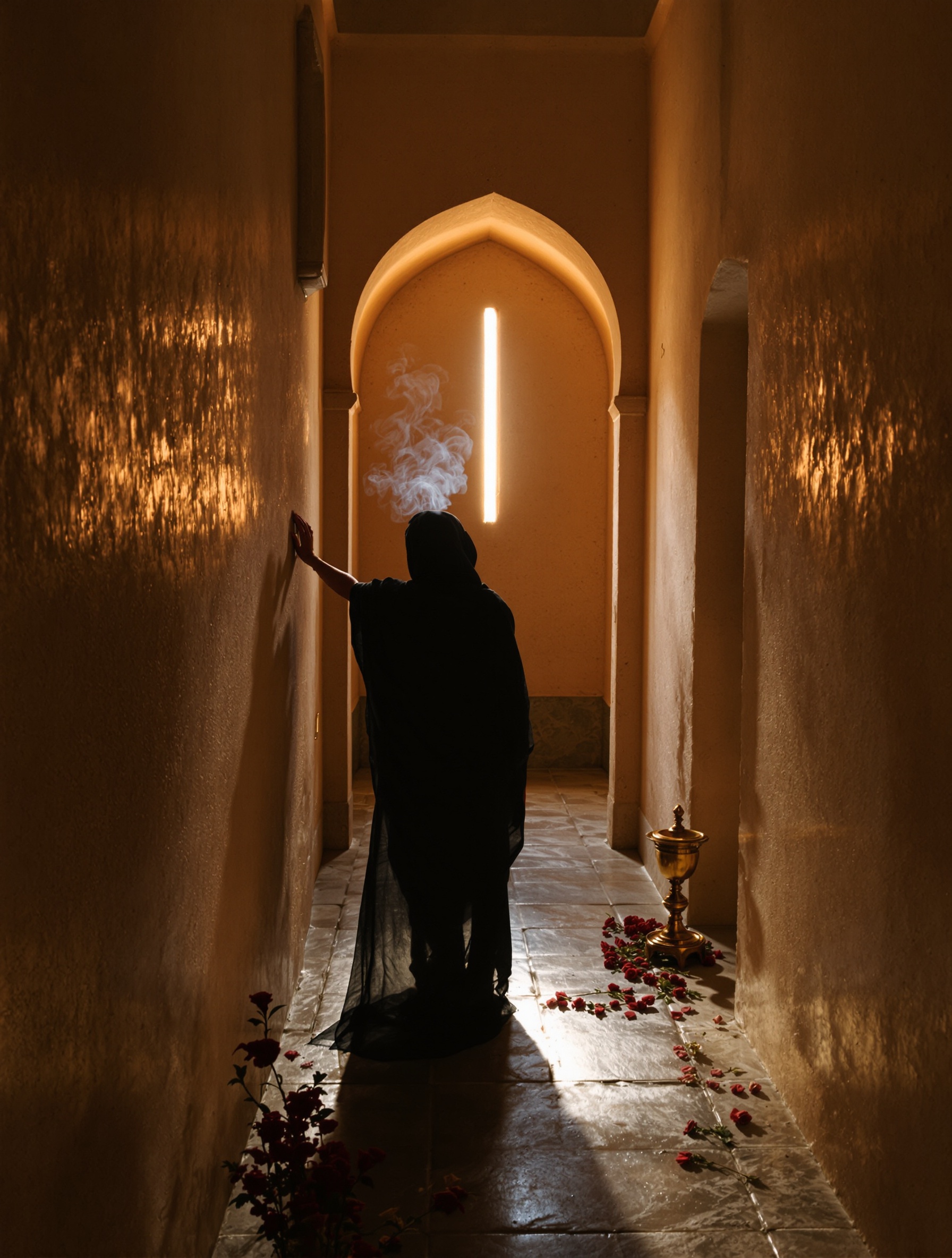 A woman in dark fabric stands at the end of a dim stone corridor, one hand on the wall, incense smoke rising near her feet in a bar of late afternoon light.