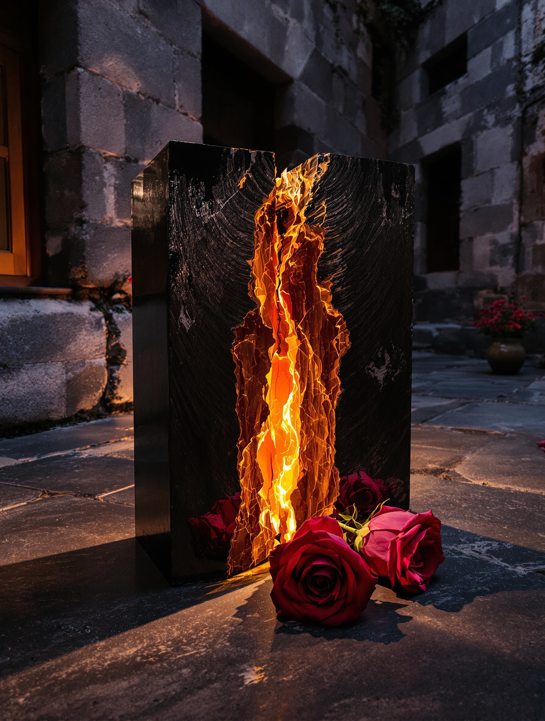 Raw split agarwood and four rose heads on stone at dusk, evoking the material soul of Oud Maximus by Bortnikoff.