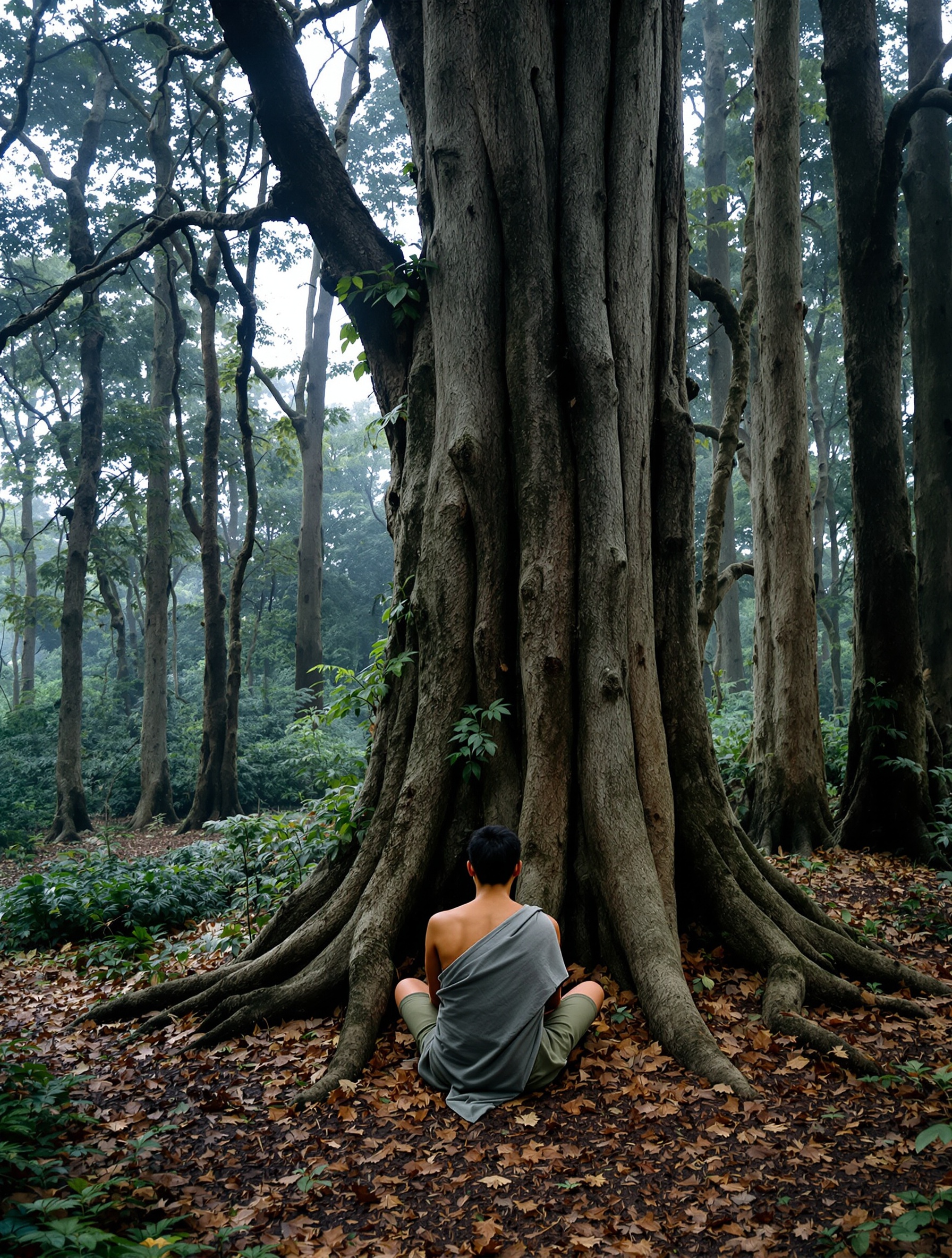 A solitary figure sits in still meditation against an aged agarwood tree in a misty Thai forest at dusk, pale blue canopy light falling softly over fern-covered ground.