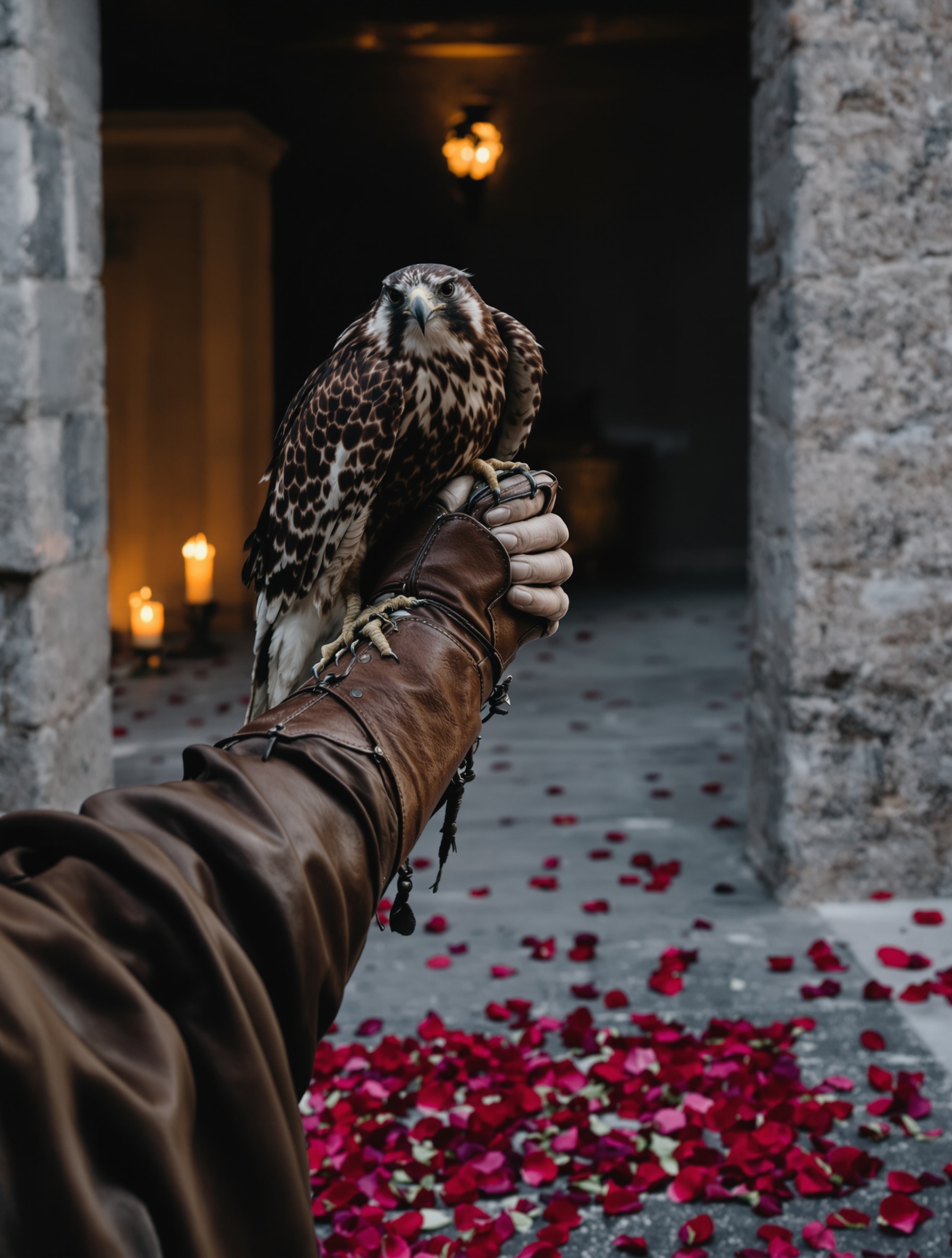 A falconer from behind with a returned hunting falcon, rose petals scattered on stone, channelling the feral ceremonial gravity of Oud Maximus.