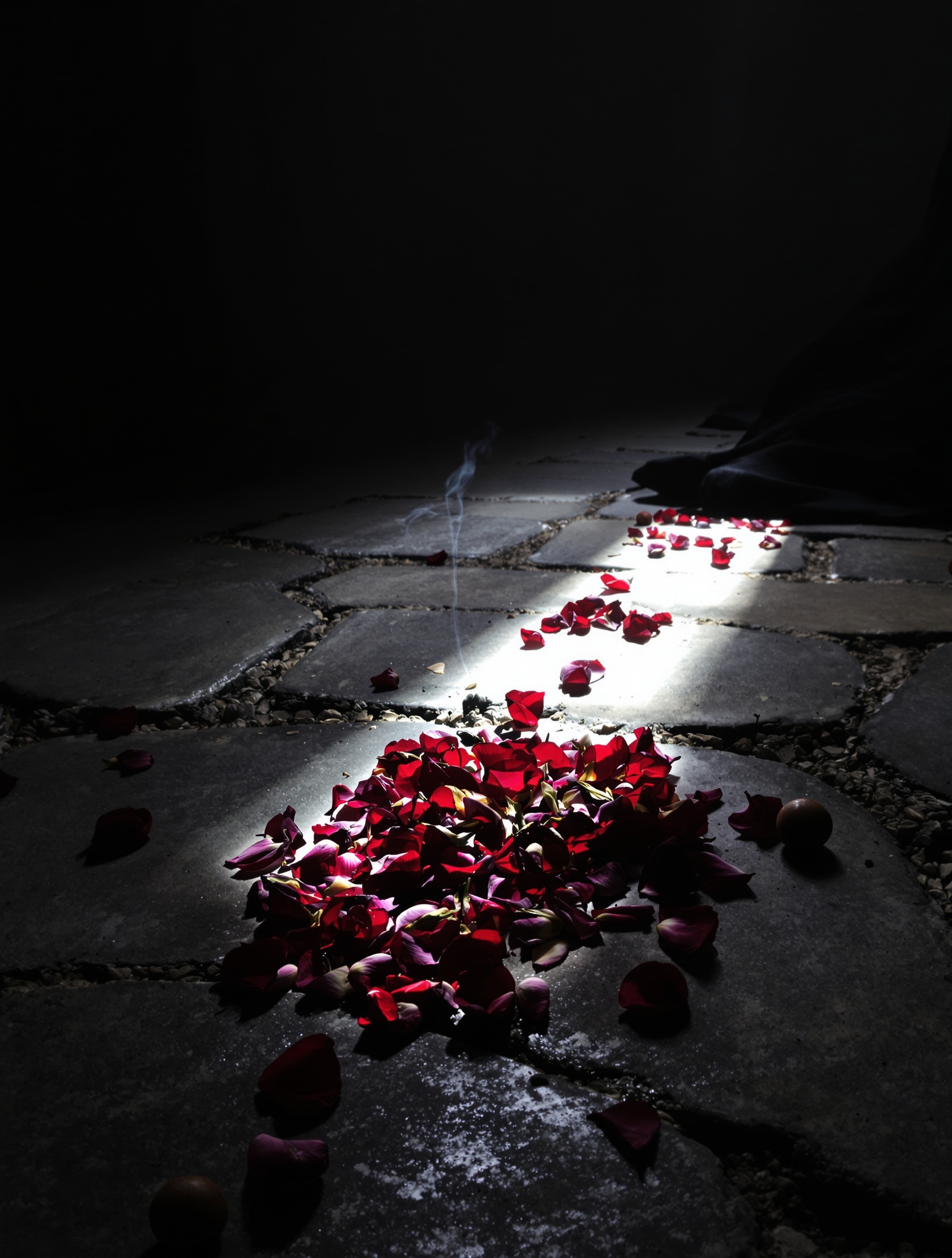 Bruised rose petals, raw frankincense resin, and a departing robe hem on a shadowed stone floor pierced by one shaft of cold daylight.