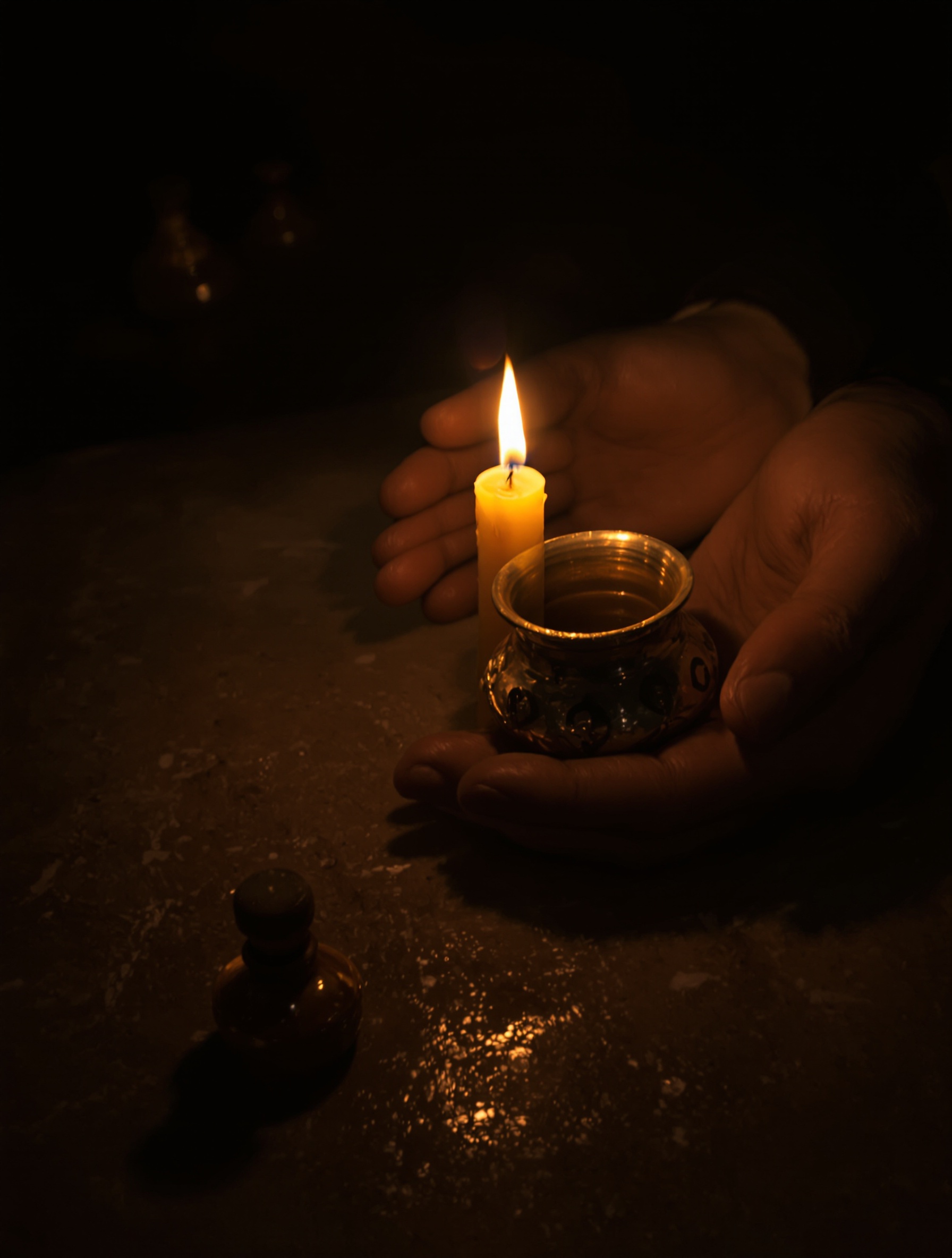 A single candle and an open attar vessel in near darkness, evoking the private paternal intimacy sealed inside Oud Maximus by Bortnikoff.