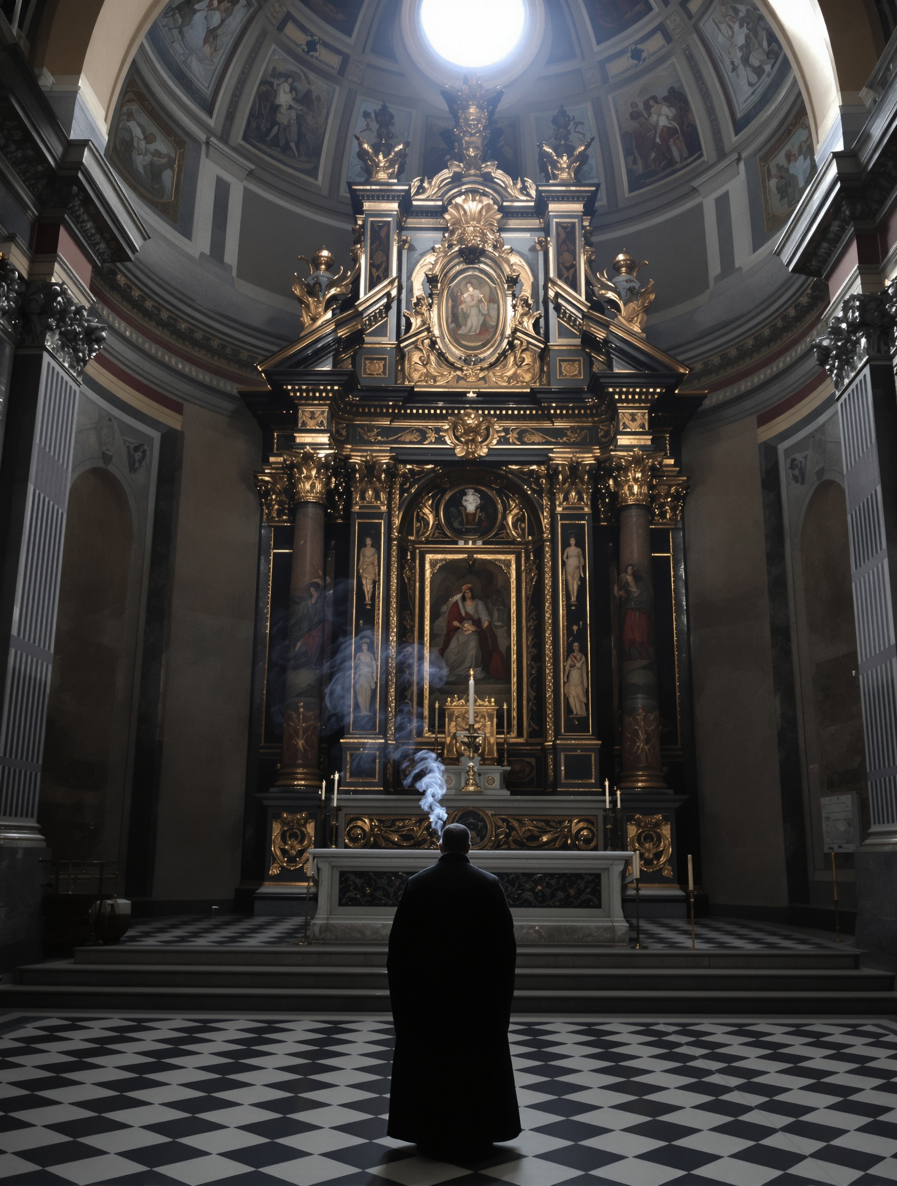 A solitary black-clad figure seen from behind contemplates a gilded baroque altarpiece in a dim Roman church, a whisper of candle smoke rising beside him into cold morning light.