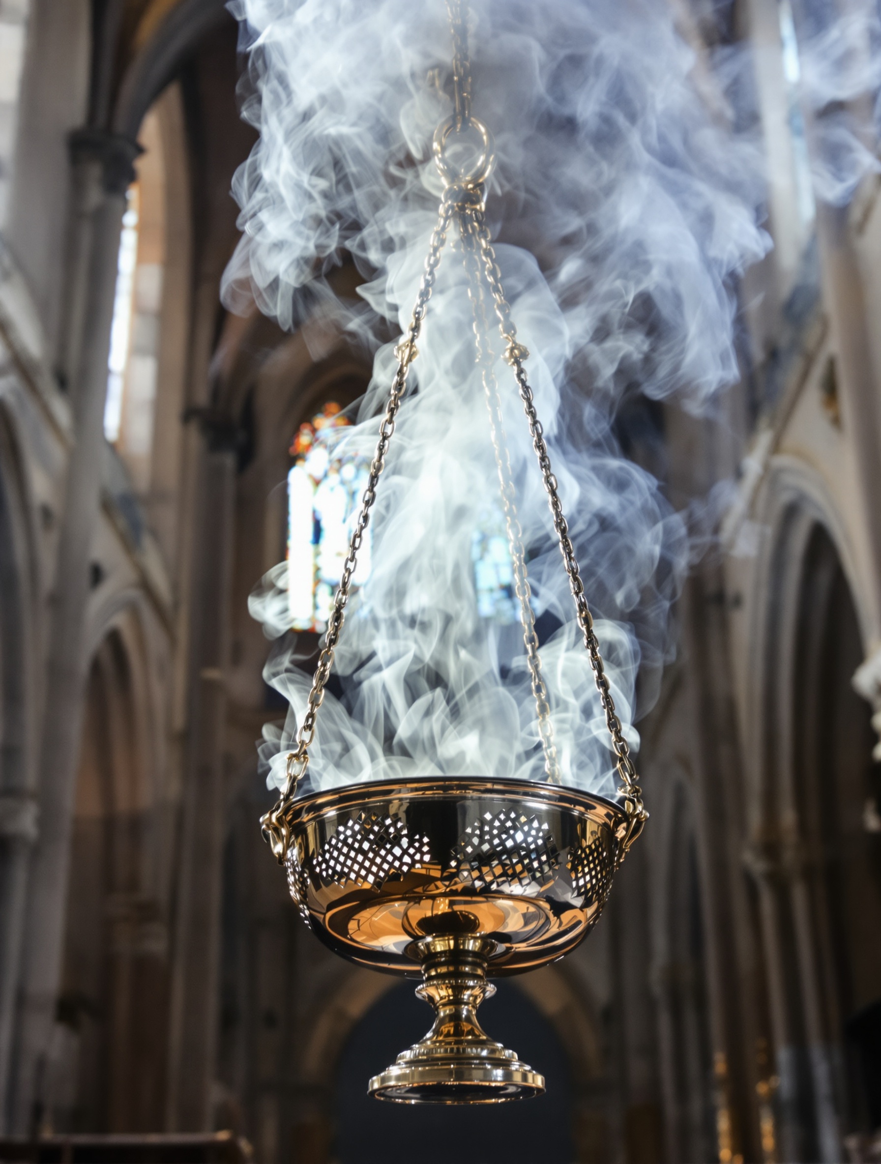 A thurifer censer releasing grey incense smoke into a dimly lit stone nave, the world of LAVS made visible.