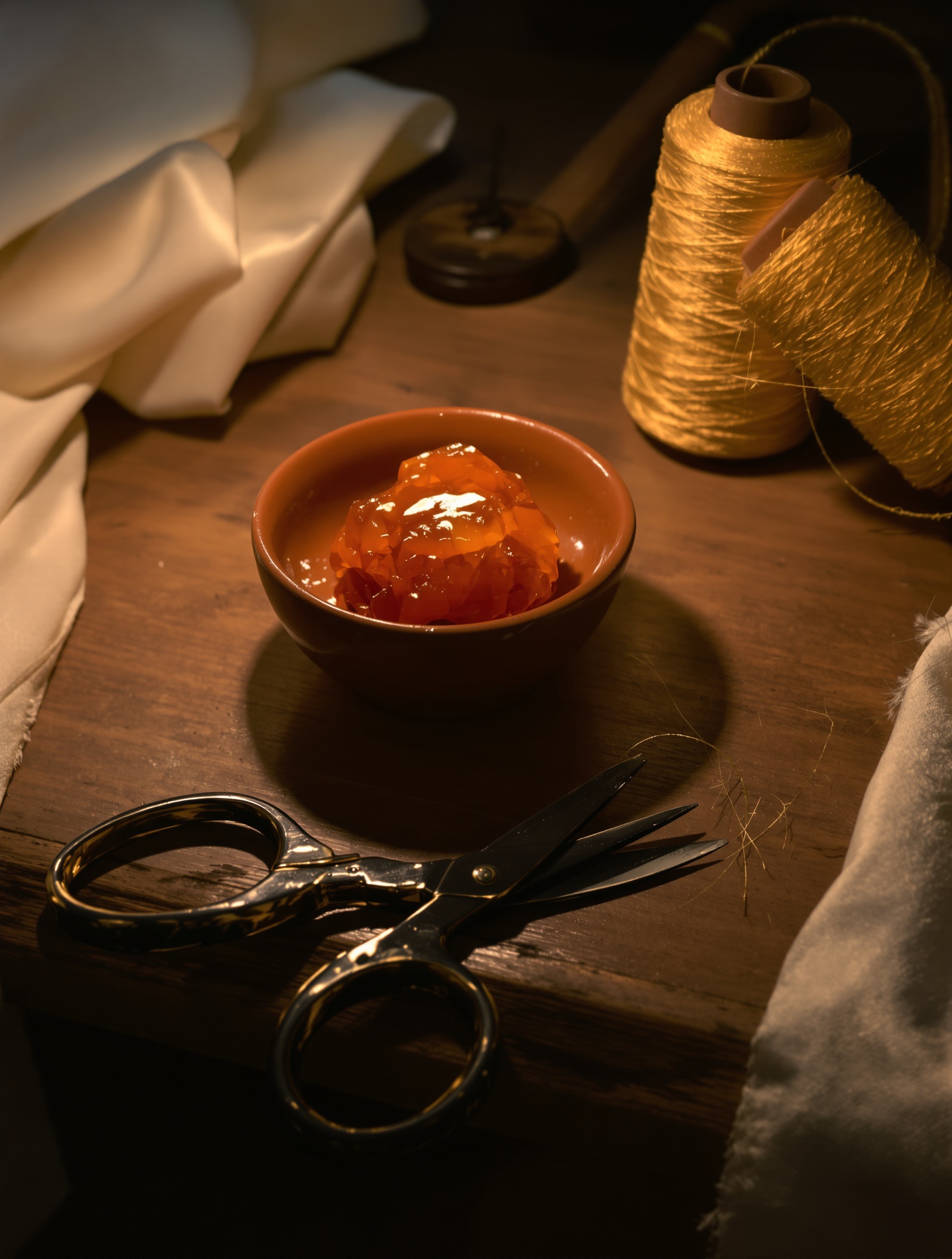 Raw labdanum resin, gold thread, and liturgical scissors on a Roman atelier cutting table, the material soul of LAVS.