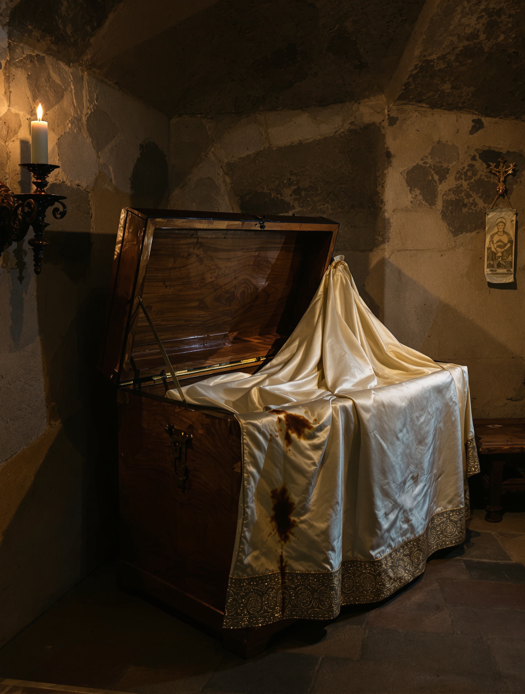 An open vestment trunk in a cold Roman sacristy at dawn, the accumulated ritual memory at the heart of LAVS.