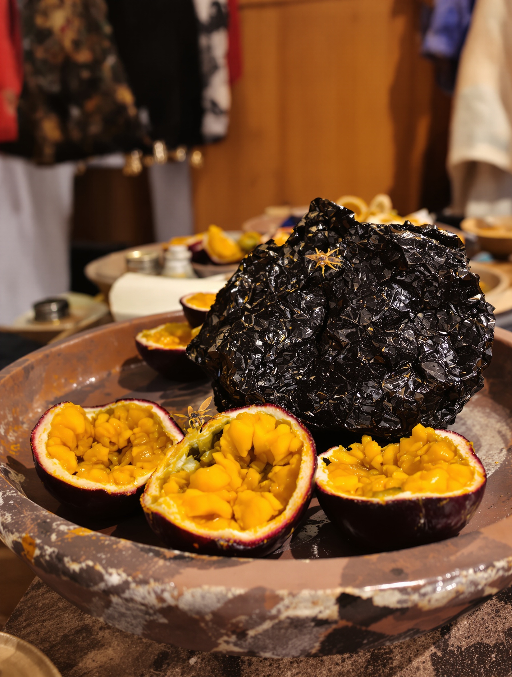 Split passionfruit pulp resting against raw agarwood resin on a clay tray in a lamp-lit Marrakech souk, evoking Oud Maracuja by Maison Crivelli.