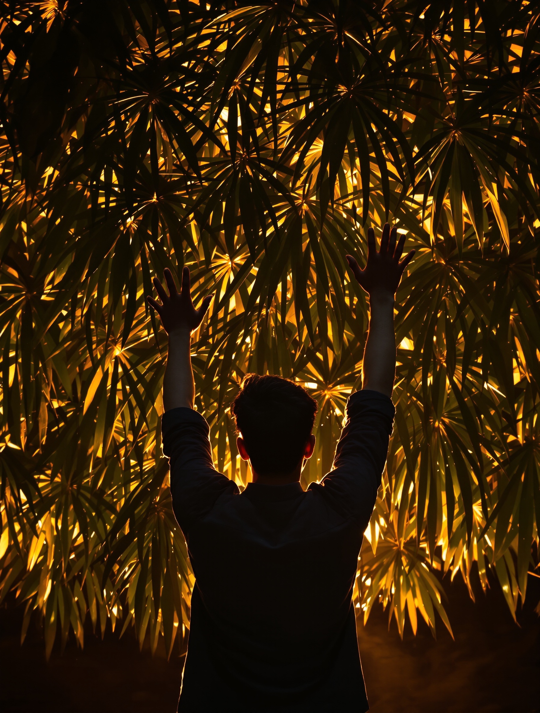 A lone figure parts tropical jungle foliage at dusk, saffron light bleeding through ancient leaves, conjuring the feral heart of Oud Maracuja.