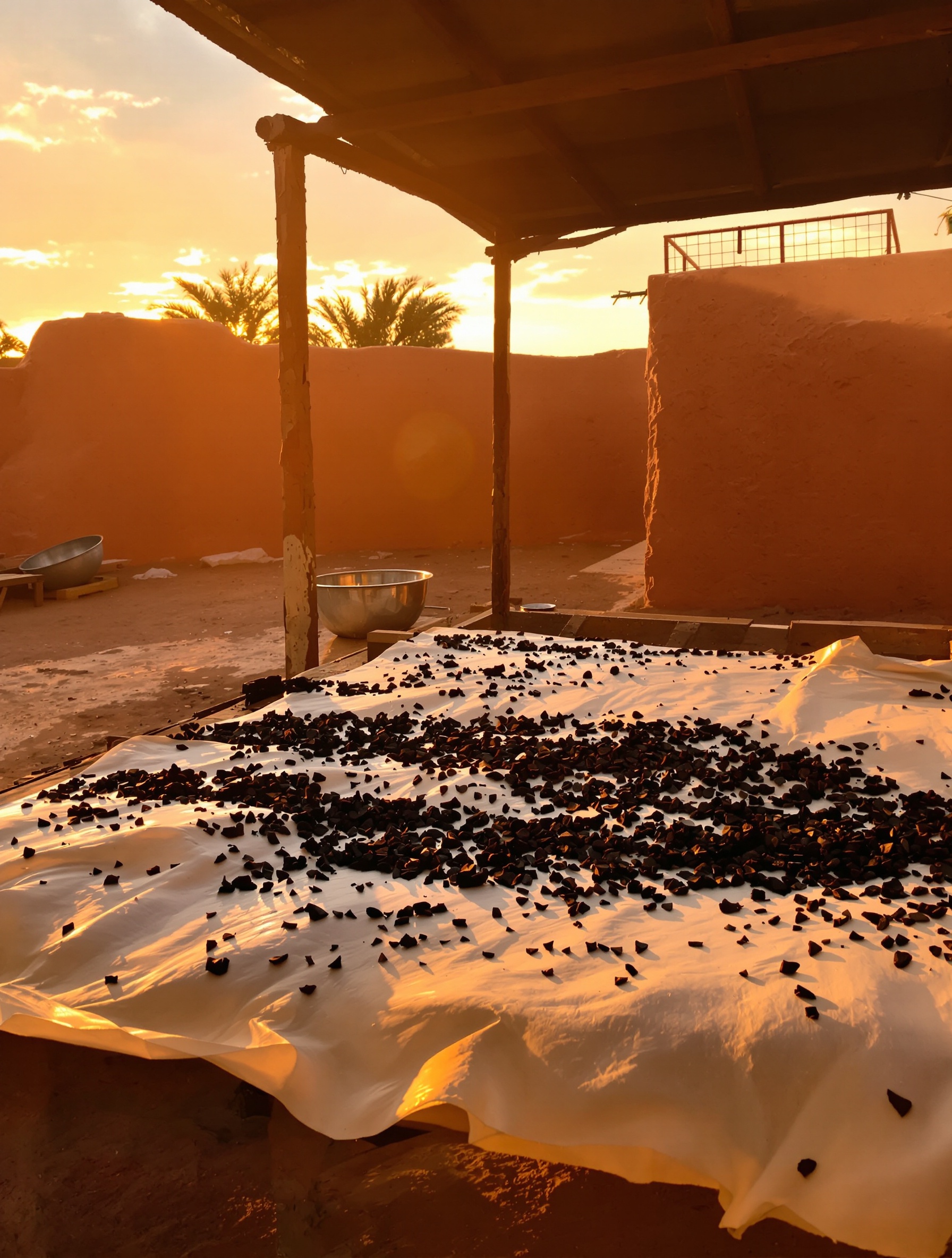 Rain-soaked agarwood chips drying on stretched hide in a golden-hour workshop, embodying the animalic resin soul of Oud Maracuja.
