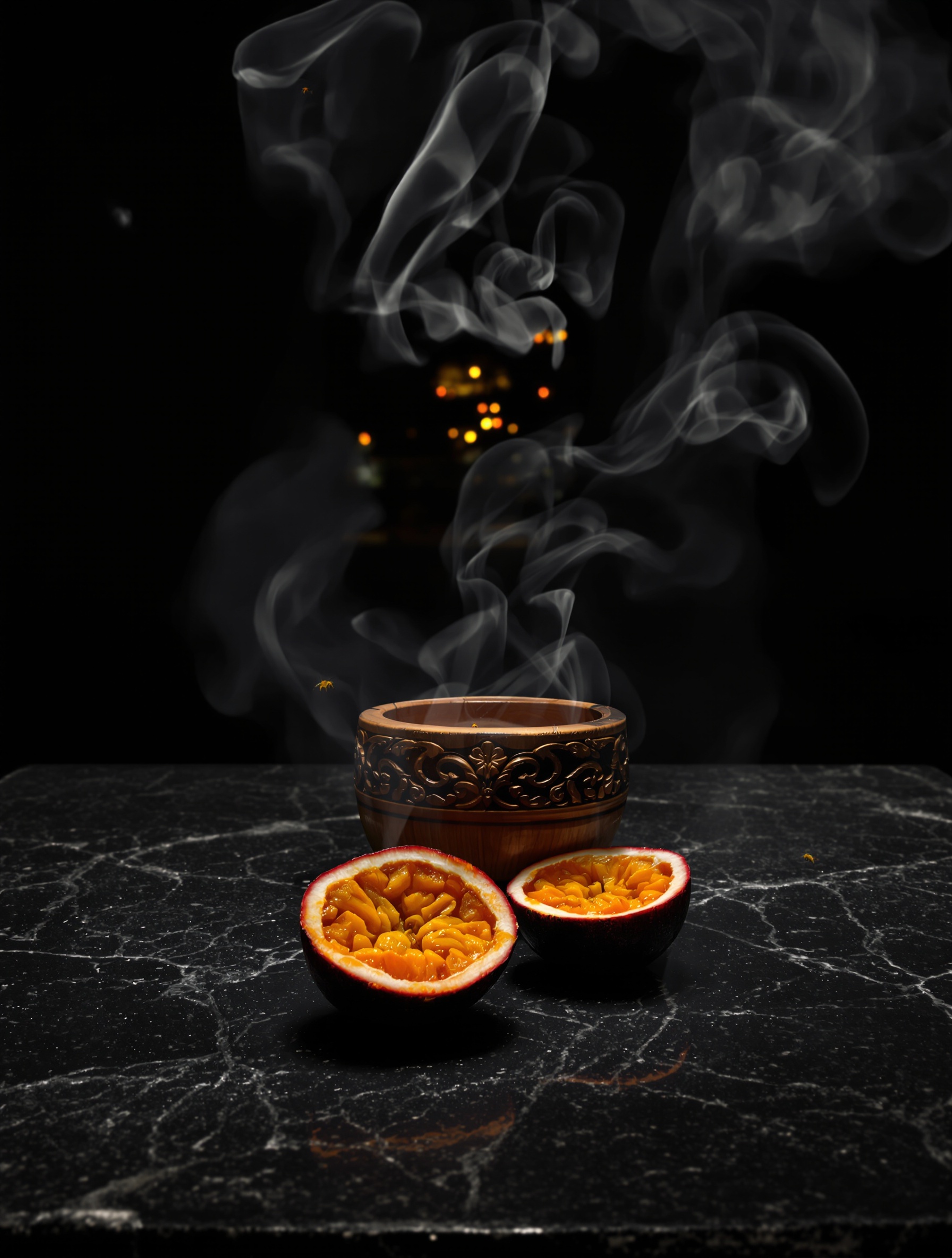 A carved censer spilling copal smoke across split passionfruit on black stone at dusk, capturing the gorgeous aggression of Oud Maracuja by Maison Crivelli.
