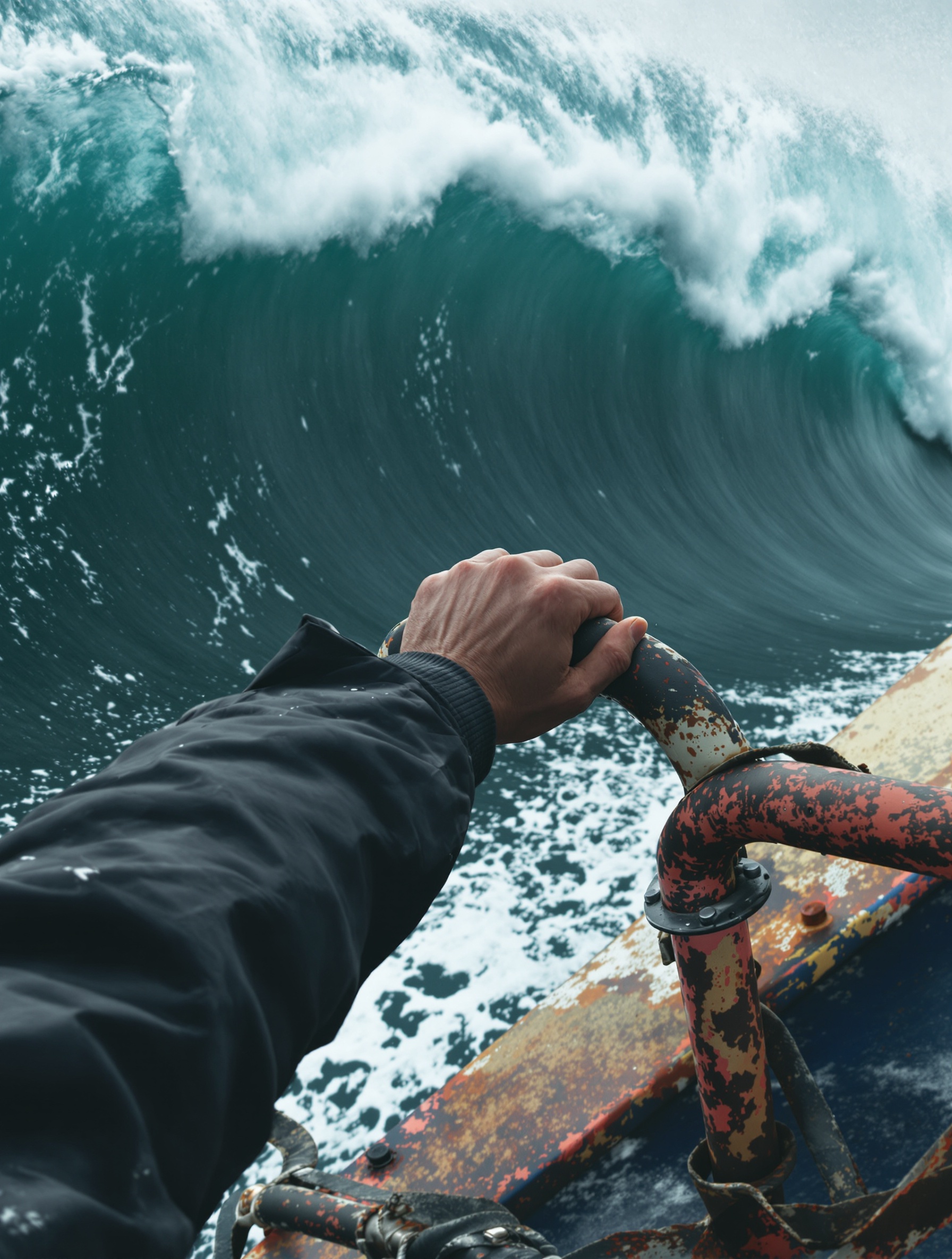 A figure gripping a corroded iron bow rail from behind as an enormous viridian-black swell rises to consume the frame ahead of them.