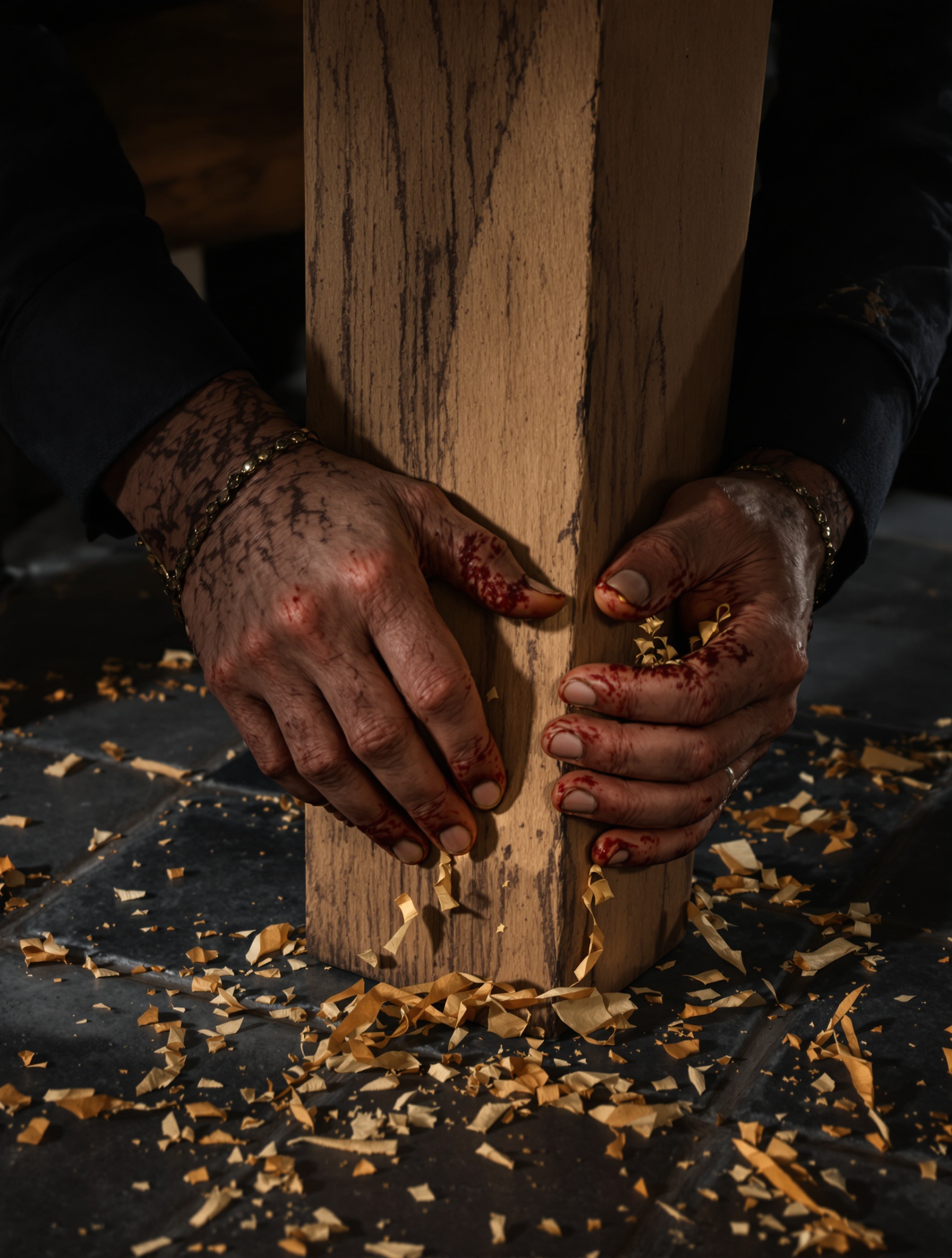 A man's resin-stained hands carving a child's name into the hidden underside of a throne's armrest, lit by a single off-frame candle in a chamber of total darkness.