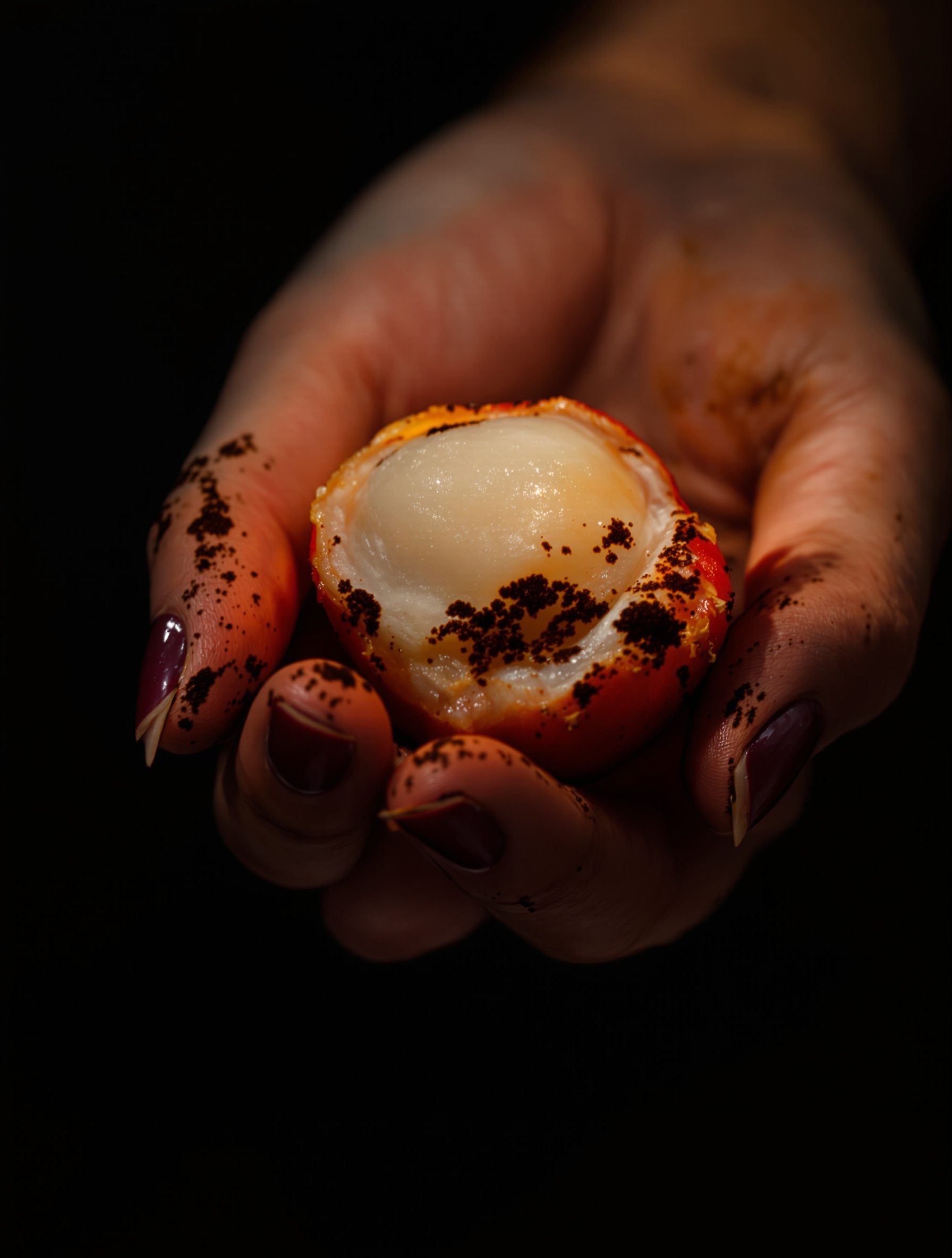 A close-up of a woman's candlelit palm cradling a split lychee dusted with raw cacao powder, the fruit bruising at its edges in violet-black shadow.
