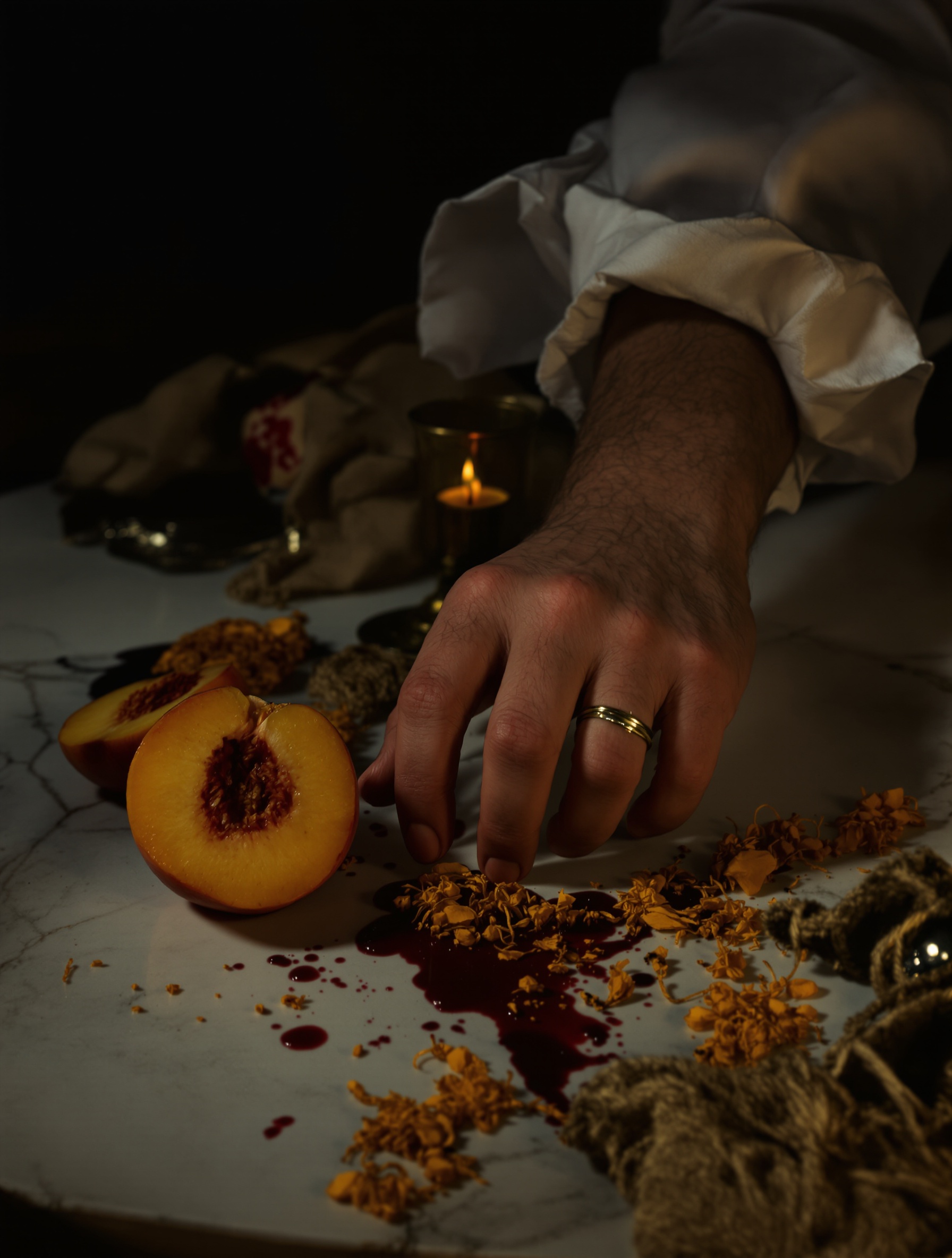 A ring-adorned hand resting on a wine-stained marble table beside split peach and scattered saffron, shot in deep amber candlelight with the figure's face swallowed by violet shadow above.