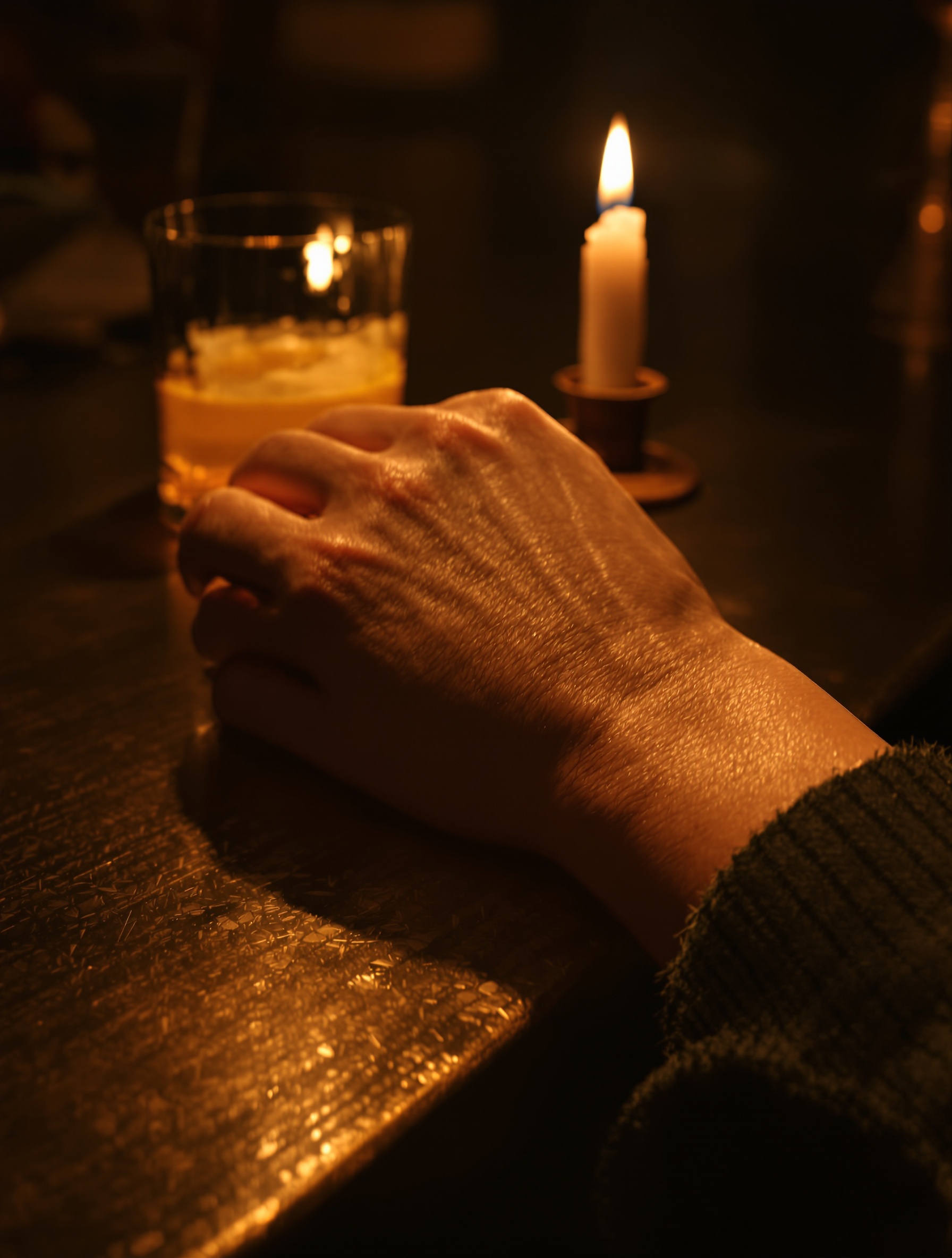 Candlelit close-up of a bare wrist on a zinc bar, skin flushed amber at the pulse point, a blurred whiskey glass ghosted in the background darkness.