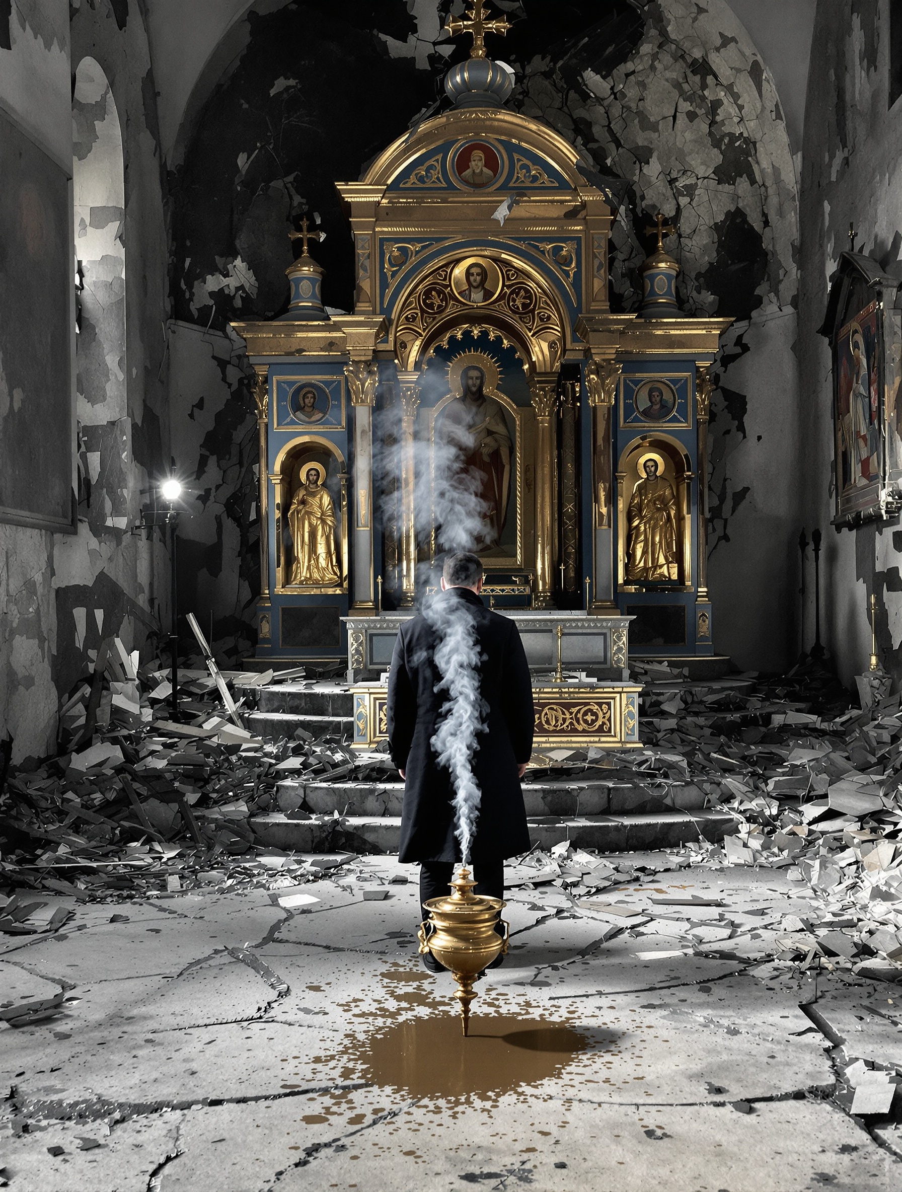 A solitary figure seen from behind stands in a gutted Orthodox church as frankincense smoke rises from an overturned censer on ash-covered concrete, lit by a single amber work light.