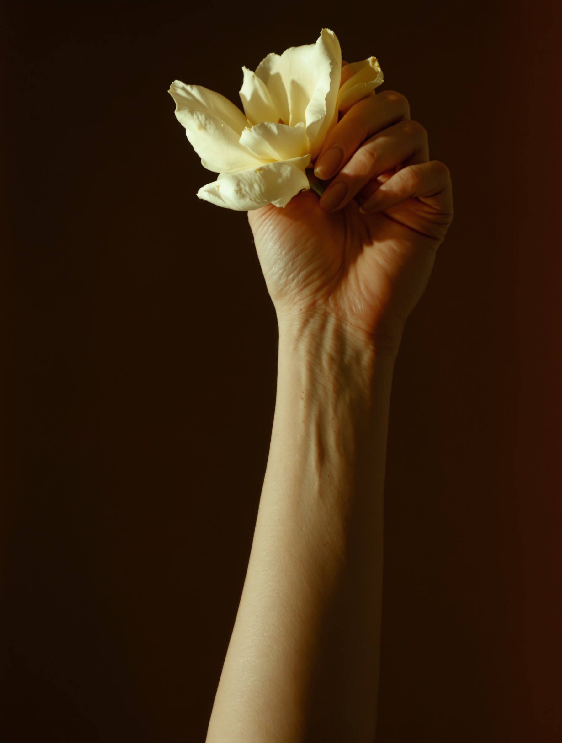 A woman's raised forearm presses an overripe tuberose to her own pulse point in warm candlelight, face absent from frame, the gesture wholly private and compulsive.