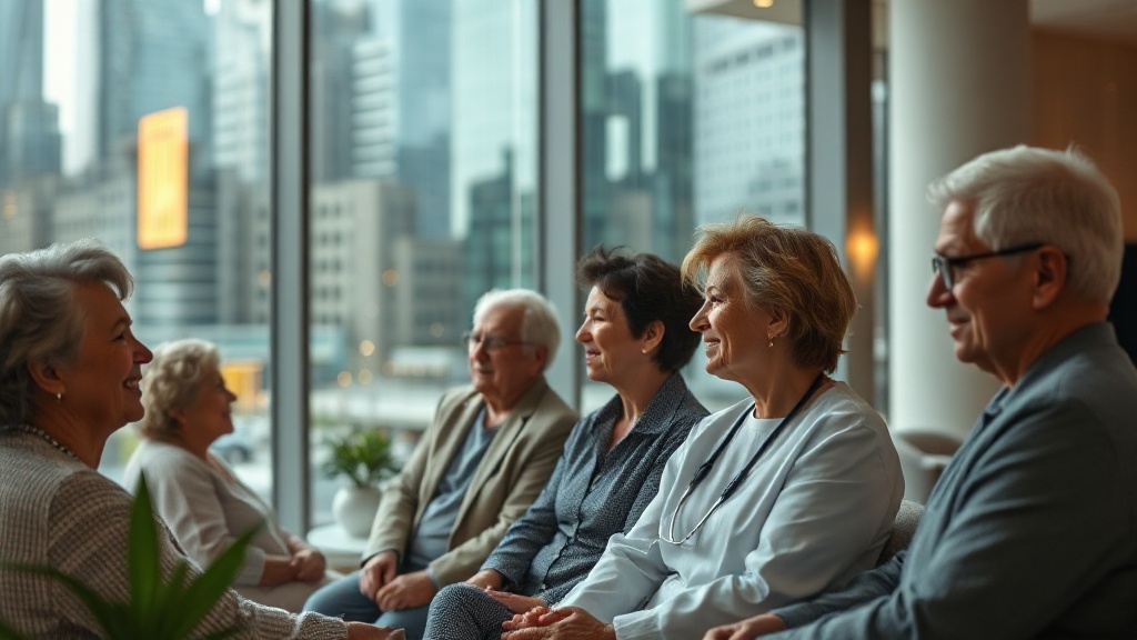 Modern senior care residence with elderly residents and caregivers