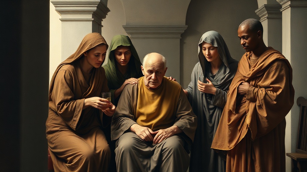 A compassionate scene of people caring for an elderly person