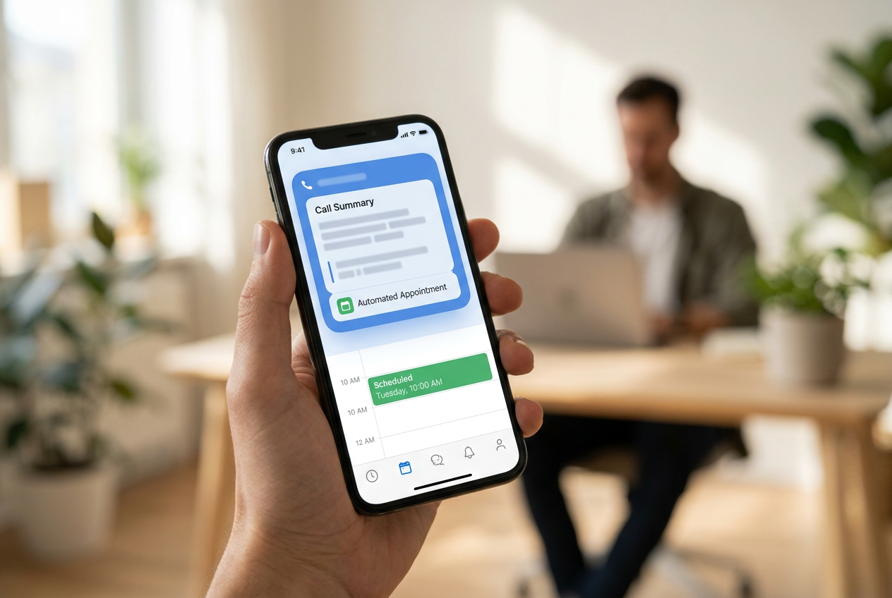 Smartphone toont een gespreksamenvatting en een automatisch ingeplande afspraak