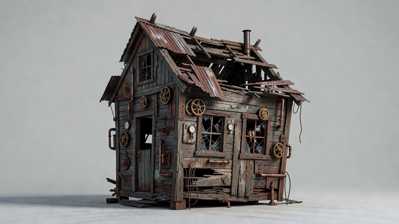 a steampunk ruined shack. It looks (4)