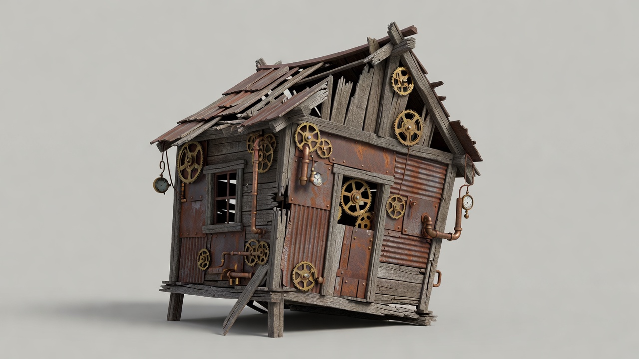 a steampunk ruined shack. It looks (3)
